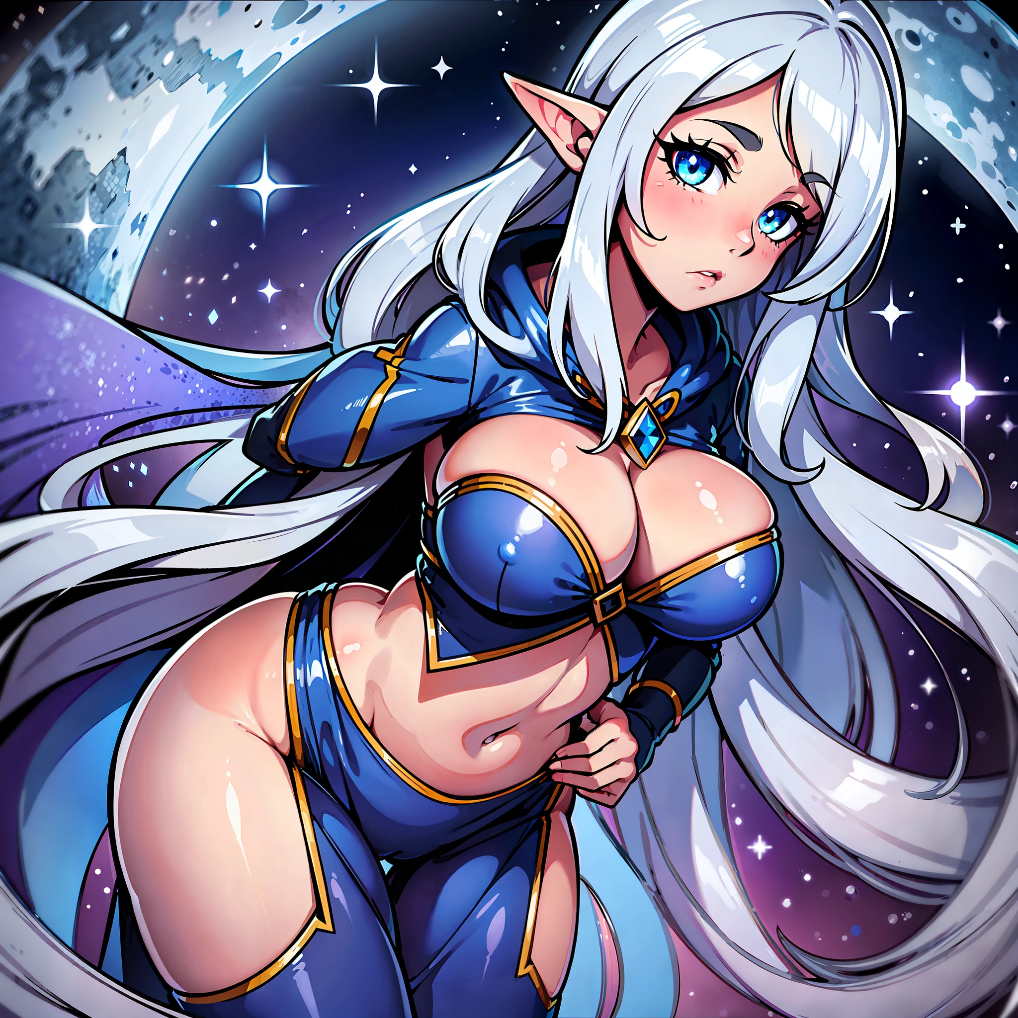 Elf ears, pointed ears, tight clothes, obscured face hooded, Mysterious, Enigmatic, Otherworldly, Solitary, Sage, Lunar being, Moonlight, Silver-white hair, Shimmering blue and silver ribbons, Moonlit night, Reflective eyes, Deep wisdom, Melancholy, Slender, Graceful, Pale luminescence, Moonlight glow, Silver-white hair, Shimmering blue and silver ribbons, Reflective eyes, Silvery-blue glow, Moonlit night, Flowing gown, Phases of the moon, Dark blue, Deep purple, Silver and gold celestial patterns, Stars, Moons, Constellations, High collar, Hood, Silver amulet, Delicate chain, lantern, Moon, Gentle source of light, Silver rings, Moonstones, 1girl, simple background, colored background, wide hips, full body, pin up, big butt, tease, stripping, sexy, sweaty, ahegao, big eyes, hood, mysterious