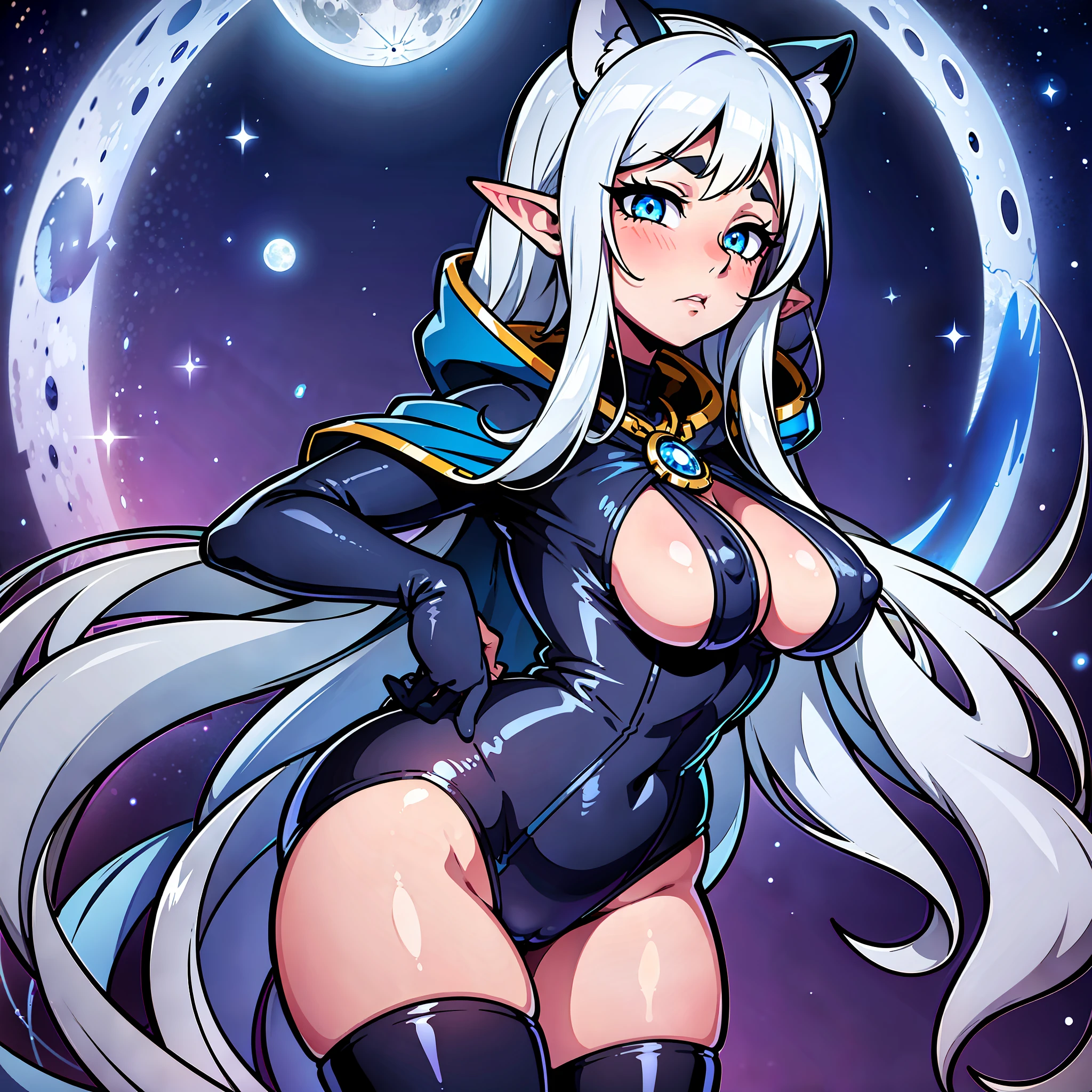 Elf ears, pointed ears, tight clothes, obscured face hooded, Mysterious, Enigmatic, Otherworldly, Solitary, Sage, Lunar being, Moonlight, Silver-white hair, Shimmering blue and silver ribbons, Moonlit night, Reflective eyes, Deep wisdom, Melancholy, Slender, Graceful, Pale luminescence, Moonlight glow, Silver-white hair, Shimmering blue and silver ribbons, Reflective eyes, Silvery-blue glow, Moonlit night, Flowing gown, Phases of the moon, Dark blue, Deep purple, Silver and gold celestial patterns, Stars, Moons, Constellations, High collar, Hood, Silver amulet, Delicate chain, lantern, Moon, Gentle source of light, Silver rings, Moonstones, 1girl, simple background, colored background, wide hips, full body, pin up, big , tease, stripping, sexyweaty, ahegao, big eyes, hood, mysterious