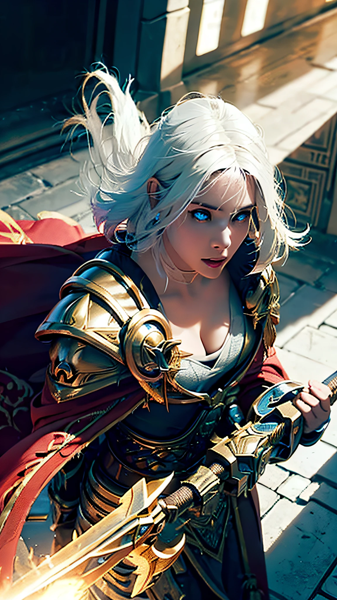 Official Art, Unity 8k Wallpaper, Ultra Detail, Masterpiece, Best Quality, One Woman, (Very Detail), Dynamic Angle, Mystical Expression, Fire Glowing Effect, Fantasy Background, Rim Lighting, Side Light, Cinematic Light, Ultra High Definition, 8k UHD, Film Grain,Best Shadow, Delicate, RAW, Light Particles, Detailed Skin Texture, Detailed Gem Armor Texture, Detailed Face, Complex detail, ultra detailed, bright, strong, gold armor, cleavage, has glowing weapons, has a shield, pole dron, (((white hair)), shining black eyes, long red cloak, fantasy, (realistic),