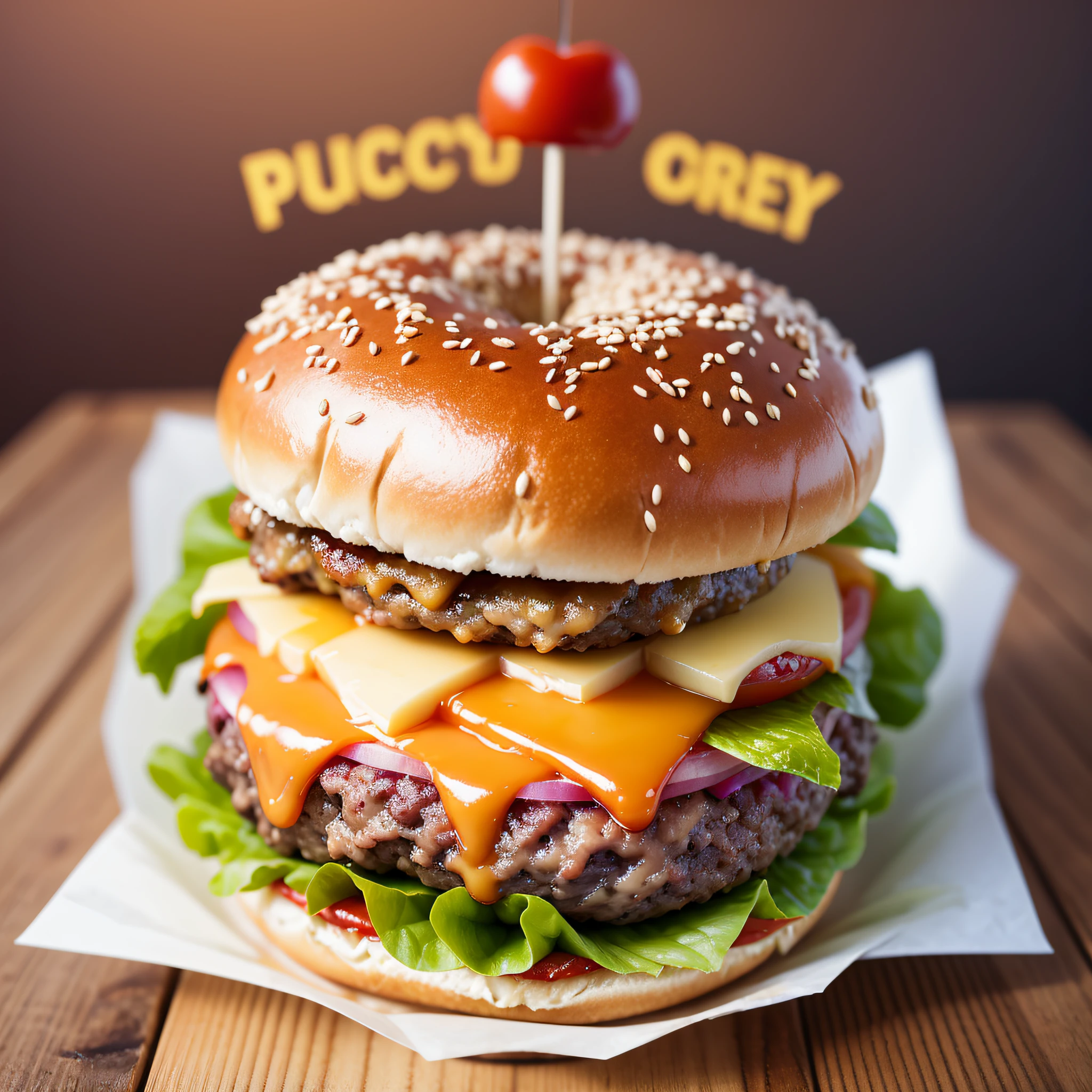 Create juicy burger with lots of filling and cheese, with a lighted burger background, juicy burger photo --auto --s2