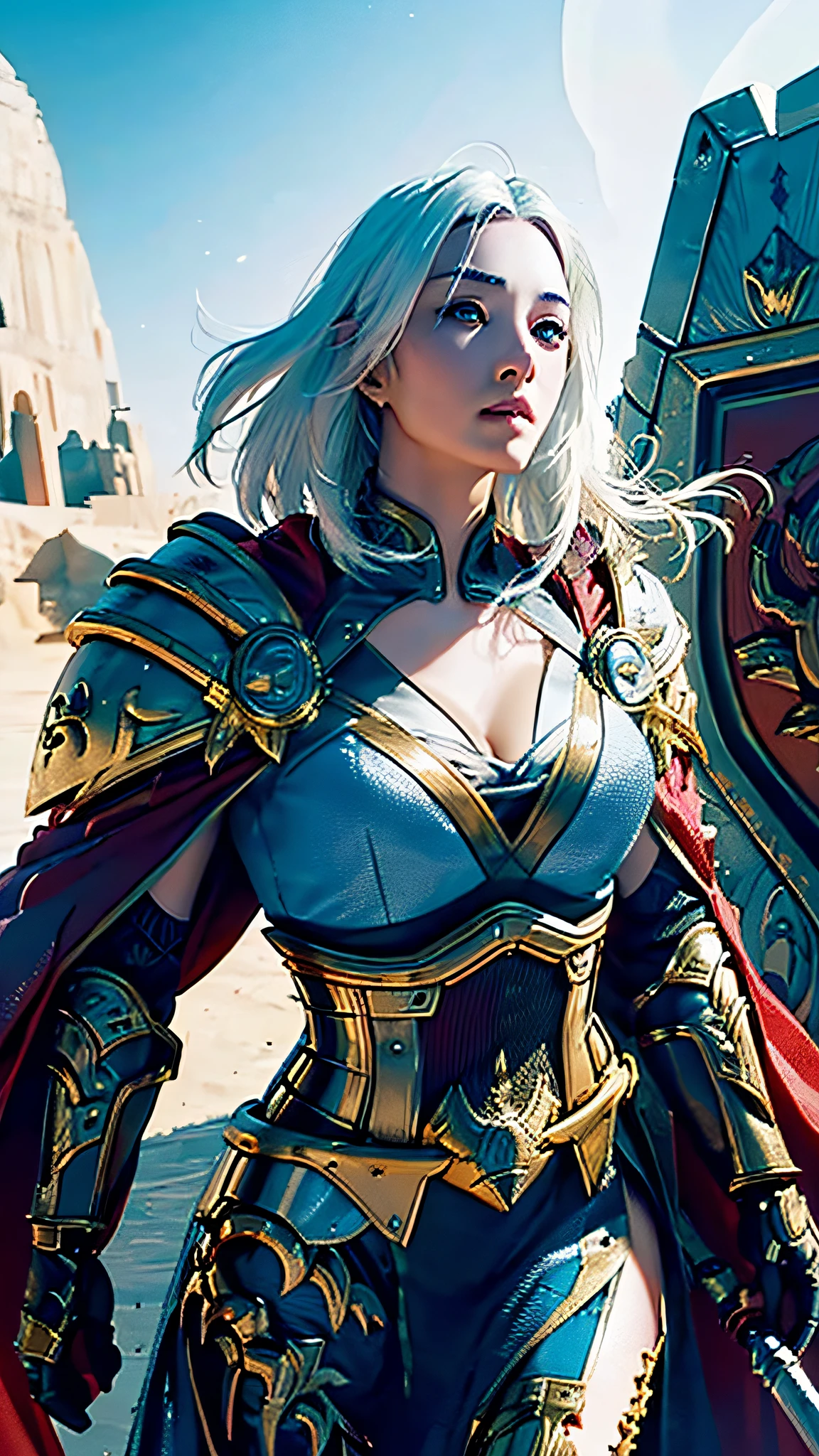 Official Art, Unity 8k Wallpaper, Ultra Detail, Masterpiece, Best Quality, One Woman, (Very Detail), Dynamic Angle, Mystical Expression, Fire Glowing Effect, Fantasy Background, Rim Lighting, Side Light, Cinematic Light, Ultra High Definition, 8k UHD, Film Grain,Best Shadow, Delicate, RAW, Light Particles, Detailed Skin Texture, Detailed Gem Armor Texture, Detailed Face, Complex detail, ultra detailed, bright, strong, gold armor, cleavage, has glowing weapons, has a shield, pole dron, (((white hair)), shining black eyes, long red cloak, fantasy, (realistic),