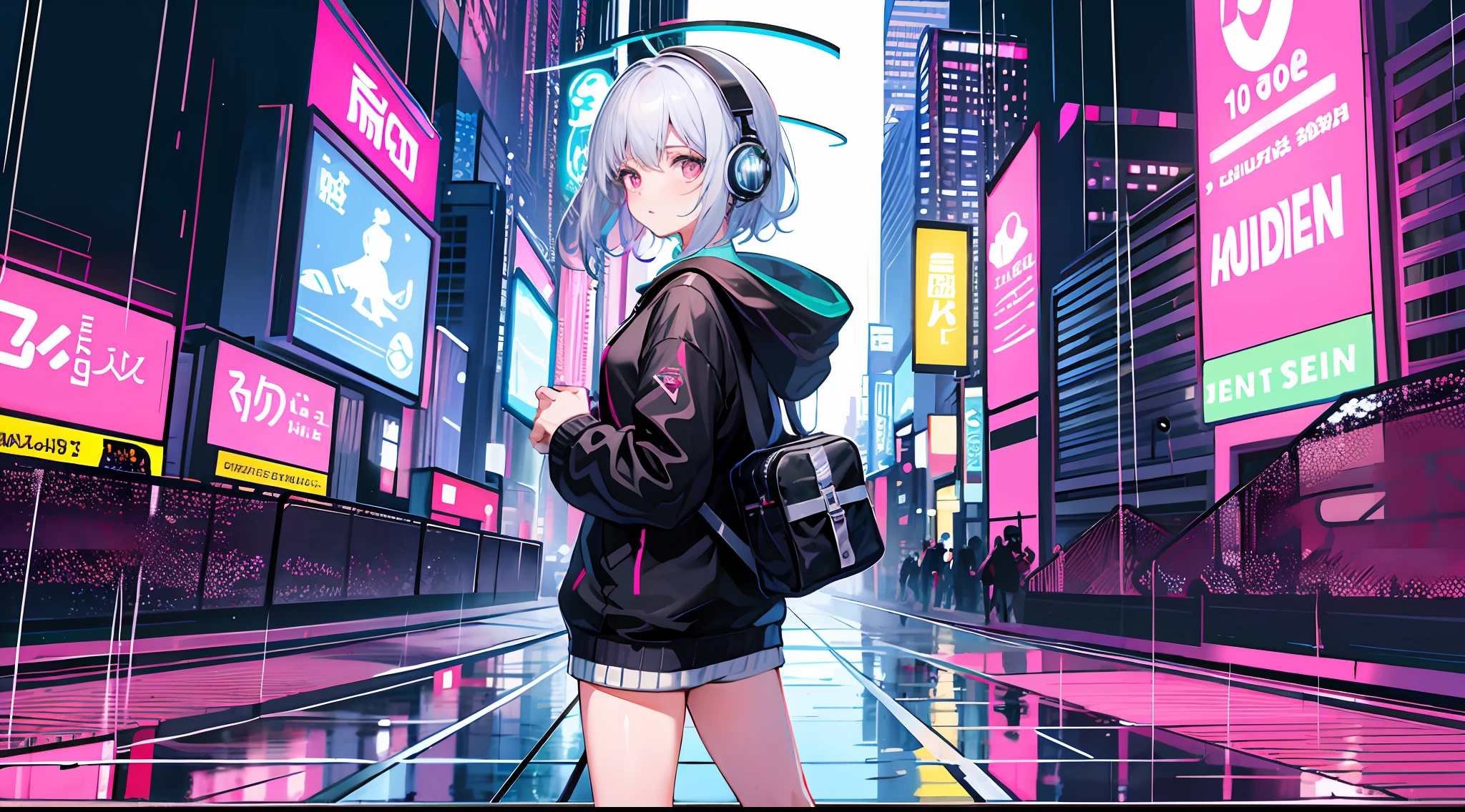 masterpiece,1girl,solo,incredibly absurdres,hoodie,headphones, street,outdoors,rain,neon lights,