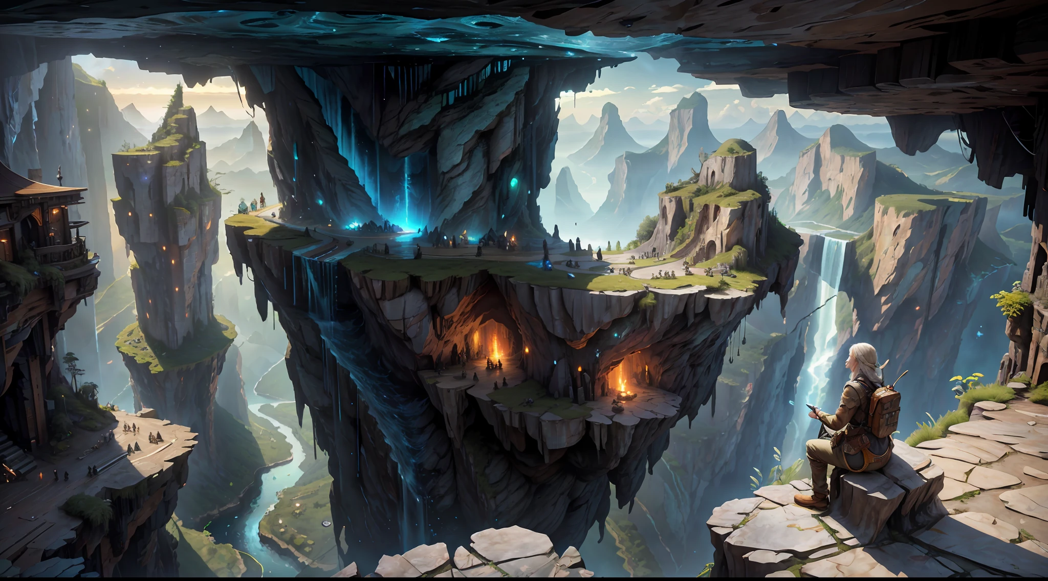 Movie, Relaxation Concept Art, Very Detailed Multiplayer Scene Interactivity, (Man), Woman, Beautiful Artwork Illustration, Detailed Landscape, Highly Detailed Scene, Environmental Design Illustration, Nature, Center Epic Building, Warmth, Night Glow, Original, HDR, (Cliff, Waterfall, Abyss, Rock, Cliff Edge House:1.3), Movie, Slate Grey, Dramatic Light, Architecture, Man Woman, Post-Impressionism, Key Vision, Biophilic Tanzania Bridge, At Twilight, Hair Light, Hearthstone artwork, Unreal Engine