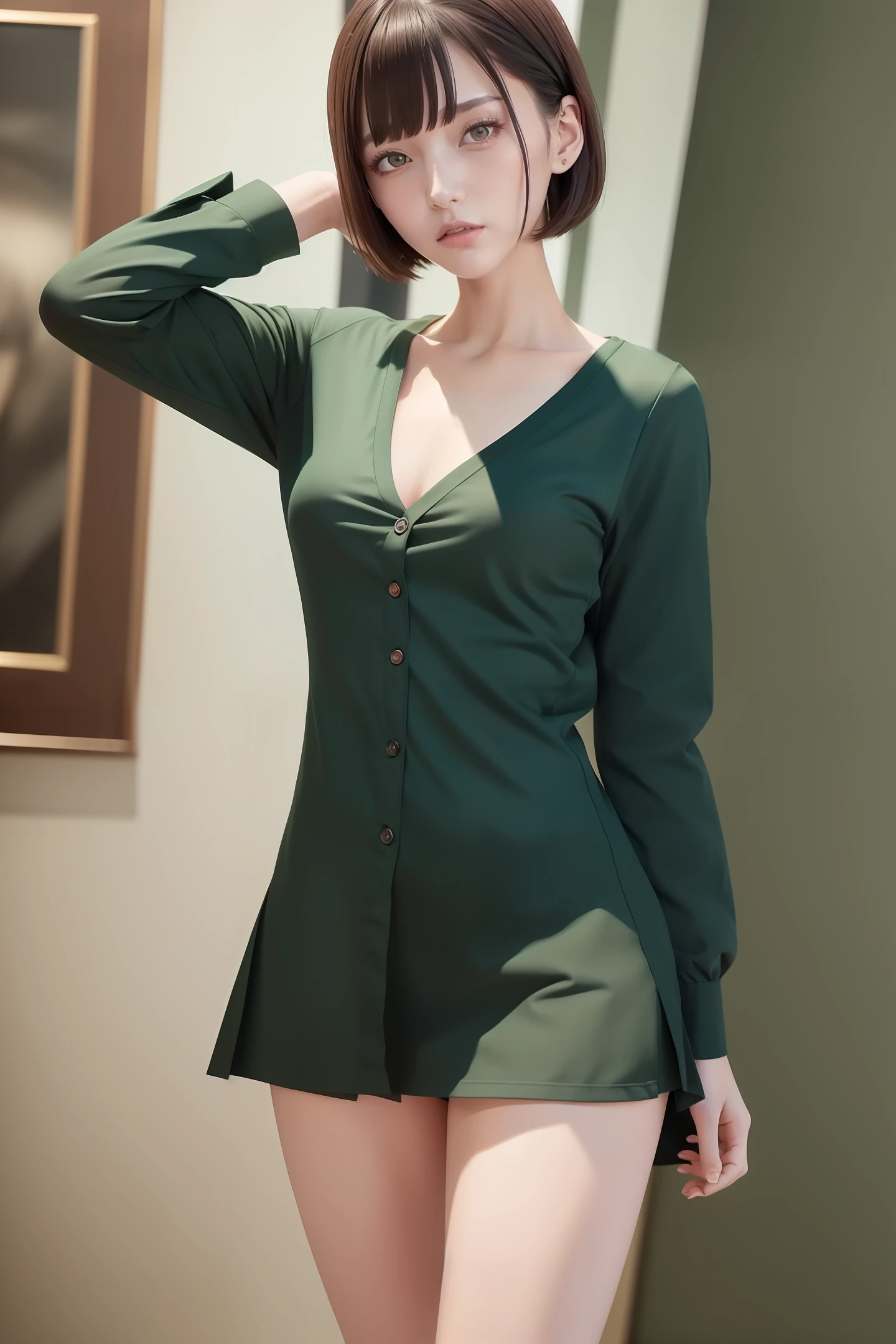 seifuku cosplay,seifuku cosplayer,dark green blouse,short hair,arm behind,front body, front face, slender body,standing ,(8k, RAW photo, best quality, masterpiece:1.2), (realistic, photo-realistic:1.37), ultra-detailed,(detailed beautiful girl:1.4),1 girl, full body shot,