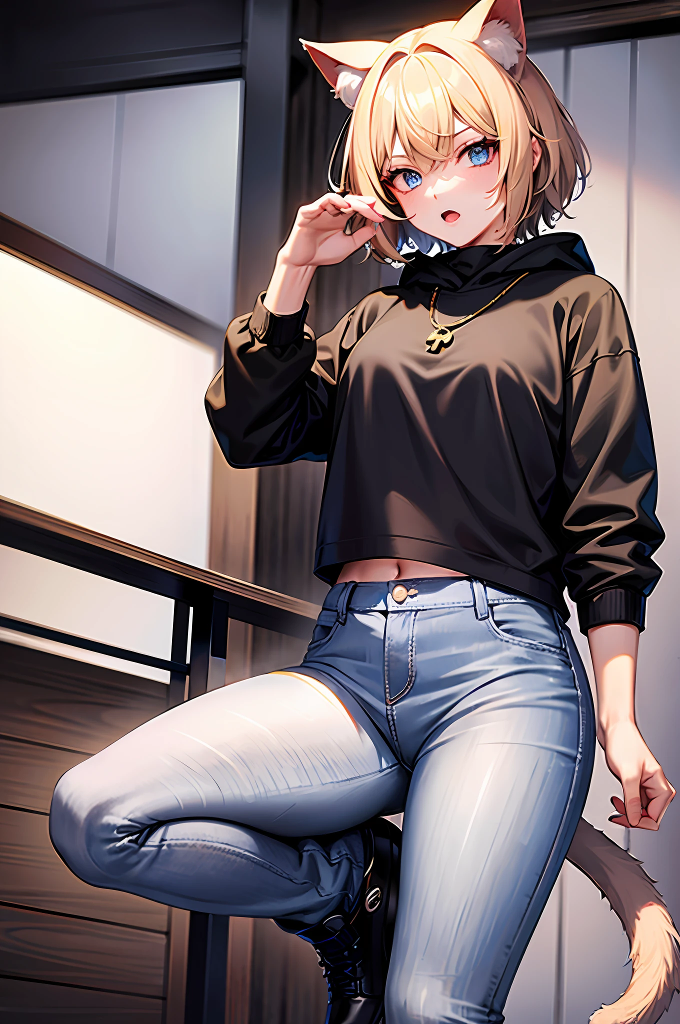 best quality, ultra high res, 1girl, cat girl, blonde hair, short hair, blue eyes, bell necklace, gray hoodie, black jeans, cat tail, cat hears