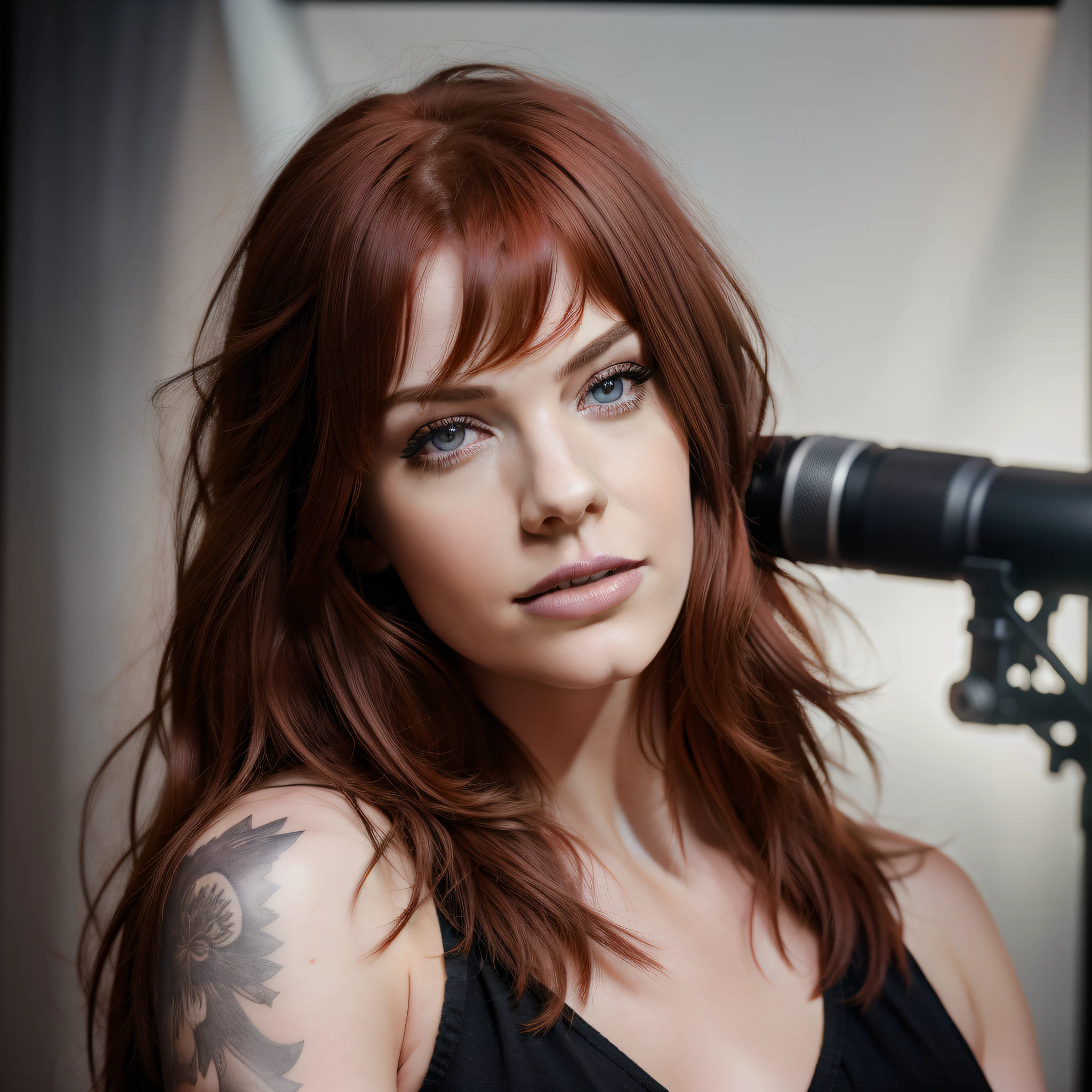 Metal band vocalist, red-haired woman posing, (photorealistic: 1.4), Lzzy Hale, dark makeup, bewitching, promotional photo, standing photo, top quality photo, in studio, solo, detailed, realistic face, detailed face, realistic skin,(raw photo, best quality), very detailed, unity, amazing, fine details, light smile, ultra detail, high resolution, absurdity, soft light,