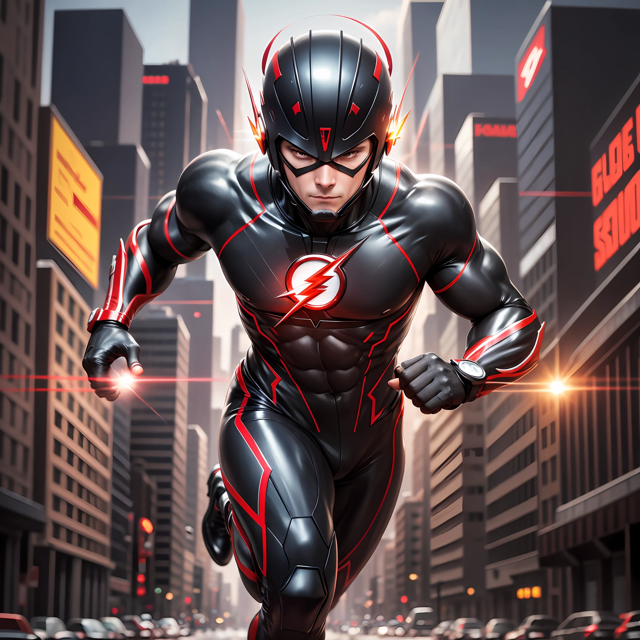 Flash, with uniform in black and red colors, running in a city of the future, with clear sky, 8k