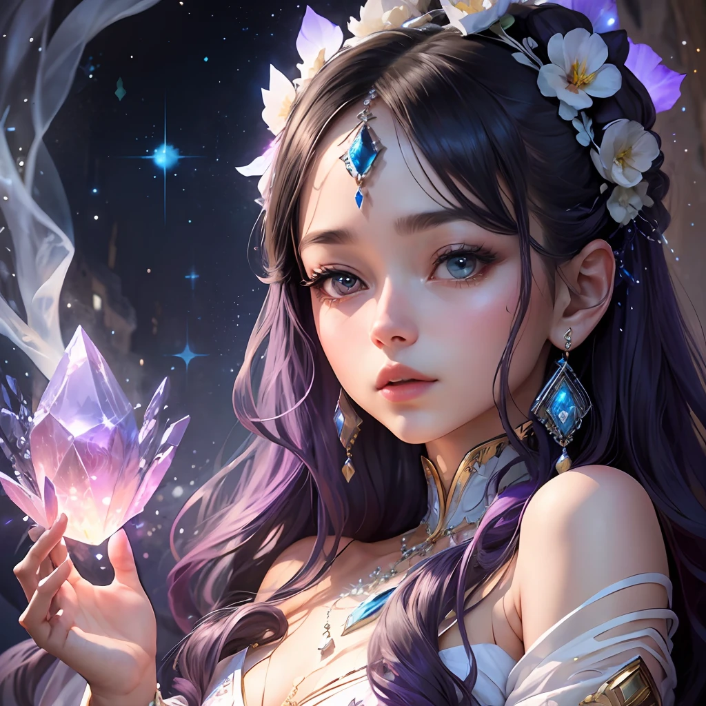background: galaxy style deep dark blue.
theme: an elegant woman in a sweet and haughty pose, long hair, her eyes convey mystery and are bright like sparkles, her cheek is naturally ruddy like a summer blush, her lips are plump and glossy, she interacts with a crystal , thin waist, full body in the picture
color palette: mystical with shades of pink, lilac and blue to create contrast with a dark background.
aesthetics: transparent crystals as accessories, rustic and ritualistic look with some delicate elements in clothes such as lace and bows,
overlay: add a glitter effect to the crystals, as if they are emanating a magical aura, add small details of sparkling lights to enhance the ethereal atmosphere.
keywords: aesthetics, pearlescent, crystals, mystic, new age, enchantment, ritualistic, rustic and white clothes, tribal elements, brightness, dreamcore, whitchcore, romantic vibes --auto --s2