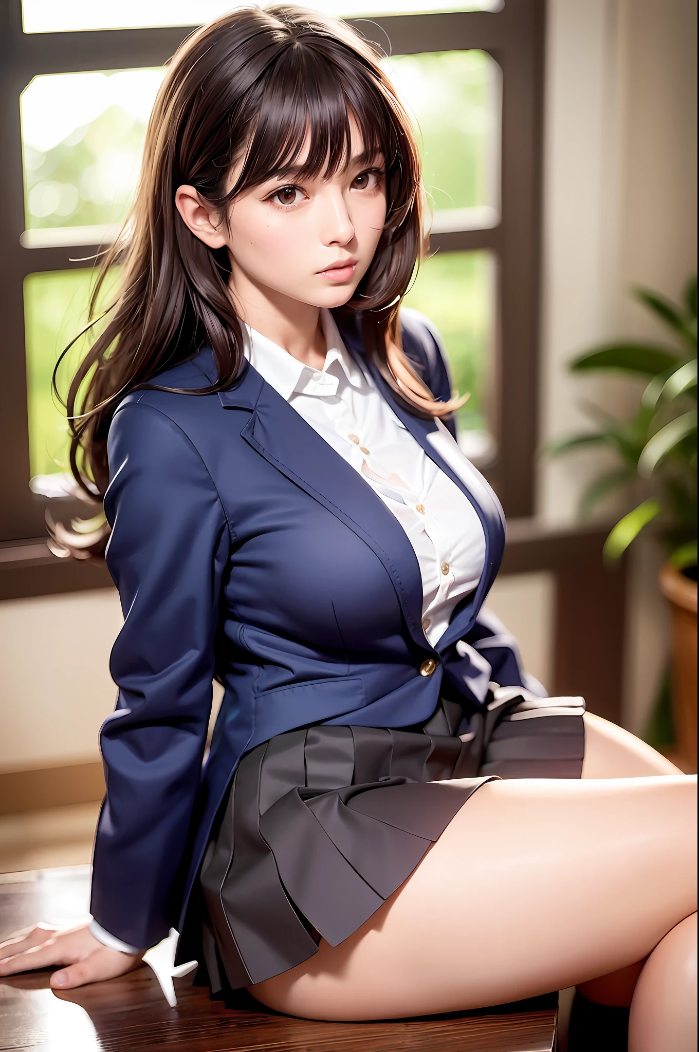 (Highly detailed body, middle hair, lightly wavy hair, weeping bangs, dark brown hair, beautiful detailed hair, delicate beautiful face, seductive smile, beautiful and detailed eyes, large_breasts, real skin texture), ((skirt, school uniform, socks, knee-high, white shirt, loafers, black socks, tie,dark blue pleated skirt, brown footwear)), school classroom, Highly detailed 8K wallpaper, very accurate details, (big, 20yo,, appeal, sexy), attractive face, perfect body, Japan person, oiled skin, glistening skin, high gloss skin, constriction, professional lighting, cowboy_shot, blurry background, Facing Sideways, (white lace panties), Panty shots, lifting thighs, backlit, navy blue blazer uniform with patches, bending at the waist, (m legs, legs spread),
