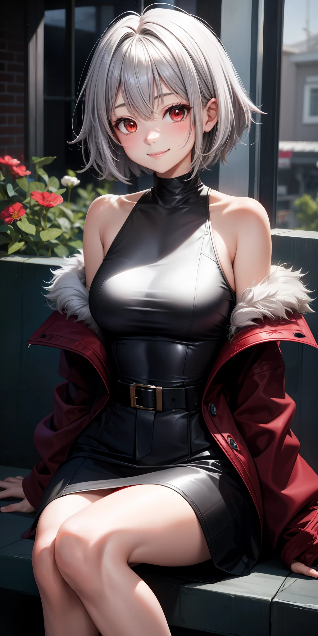 anime, single girl, gray hair, short hair, red eyes, fluffy clothes, off-shoulder, sitting, upward-looking, smiling