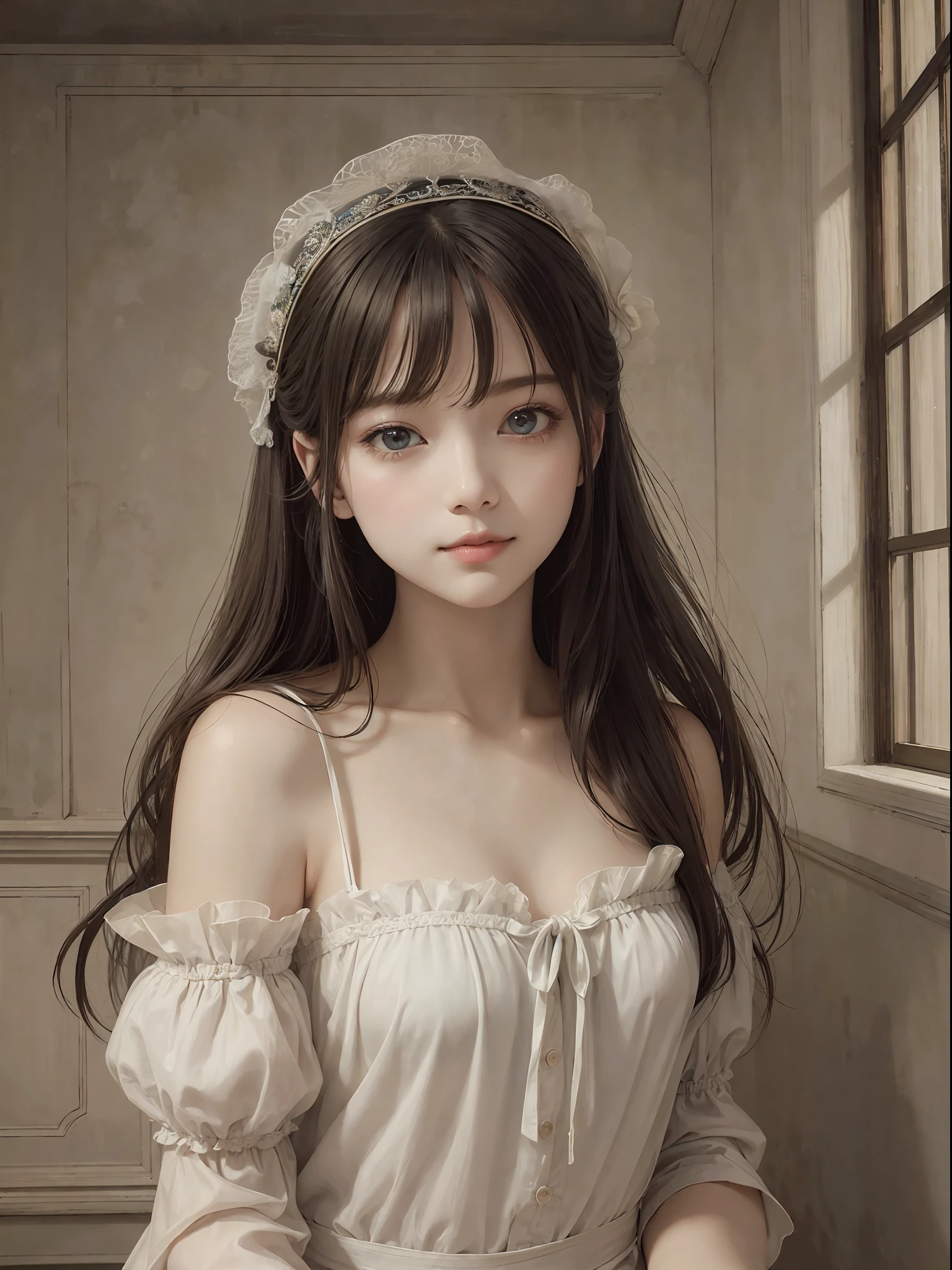 (Pure Color: 0.9), (Color: 1.1), (Masterpiece: 1,2), Top Quality, Masterpiece, High Resolution, Original, Highly Detailed Wallpaper, Beauty, Smile, Melancholy, Camisole, Sepia Color, 30 years old --auto --s2