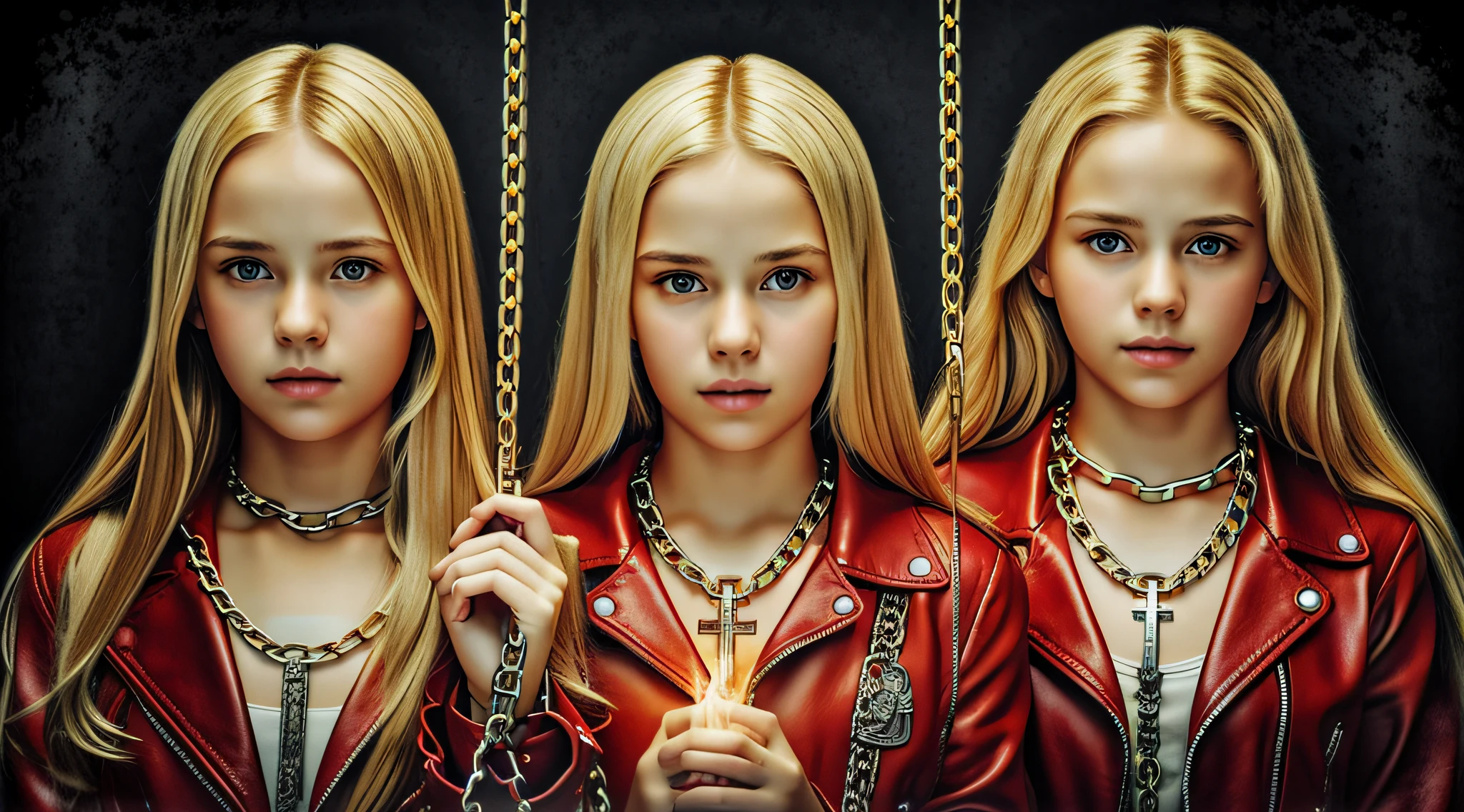 A half body, portrait of 3 girls German children long blonde hair of 12 years, red leather jackets, holding in their hands a cross, background of chains, chain, more chains, many chains, , red, red fire, many background flames.