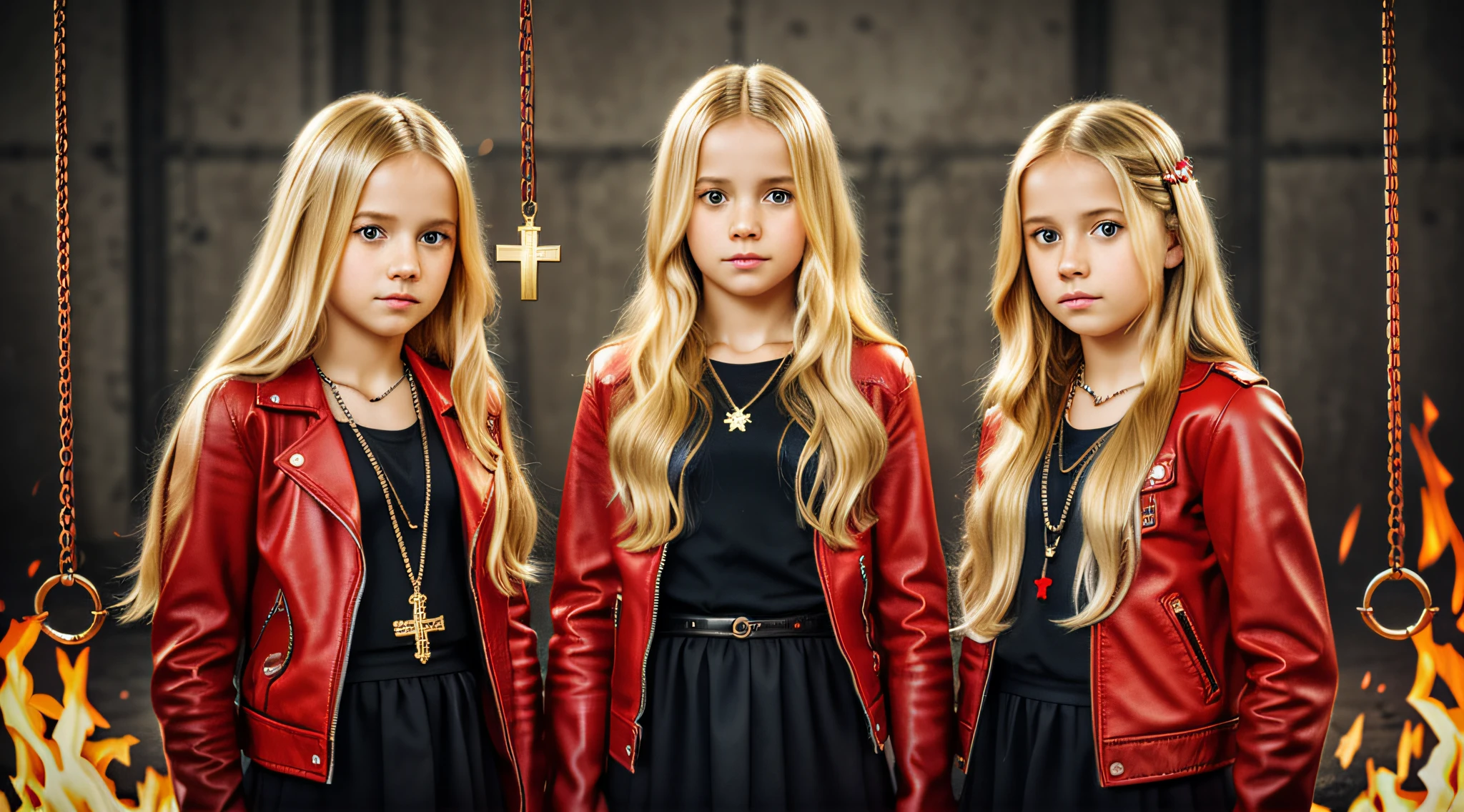 A half body, portrait of 3 girls German children long blonde hair of 12 years, red leather jackets, holding in their hands a cross, background of chains, chain, more chains, many chains, , red, red fire, many background flames.