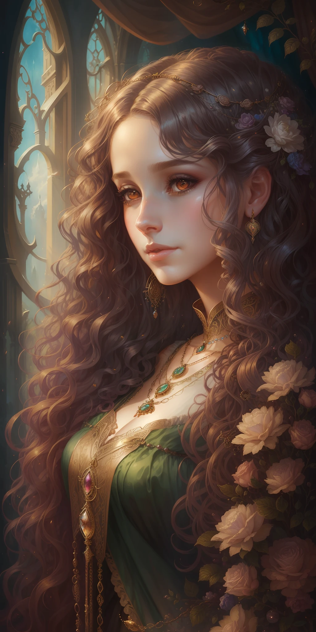 a woman with long curly hair wearing a dress and necklace, beautiful fantasy art portrait, beautiful maiden, hyperrealistic fantasy art, beautiful fantasy portrait, fantasy victorian art, beautiful fantasy maiden, fantasy art portrait, beautiful fantasy art, fantasy portrait art, tom bagshaw artstyle, fantasy woman, artstyle tom bagshaw, fantasy portrait, in style of wlop