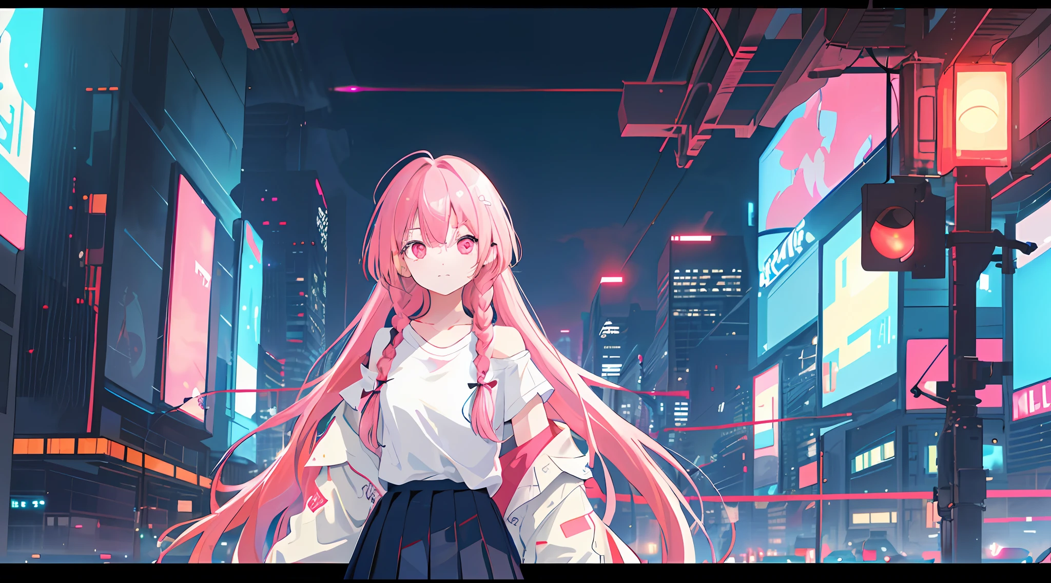 1girl, solo, li, pee, (very_long_hair), (pink_hair:1.2), braids, (red_eyes), medium_breasts, (white_shirt:1.5), (windbreaker), (off_shoulder:1.2), (portrait), glowing_eyes, background_light, (cityscape:1.5), (pleated skirt, )(neon_lights:1.2), (science), cyberpunk, ((masterpiece)), (highres), (best_quality), (highly_detailed), (original),(Delicate background),(extremely detailed 8K wallpaper),cinematic lighting, volume lighting, light particles, shaded_face, beautiful_detailed_eyes, depth_of_field, perspective,