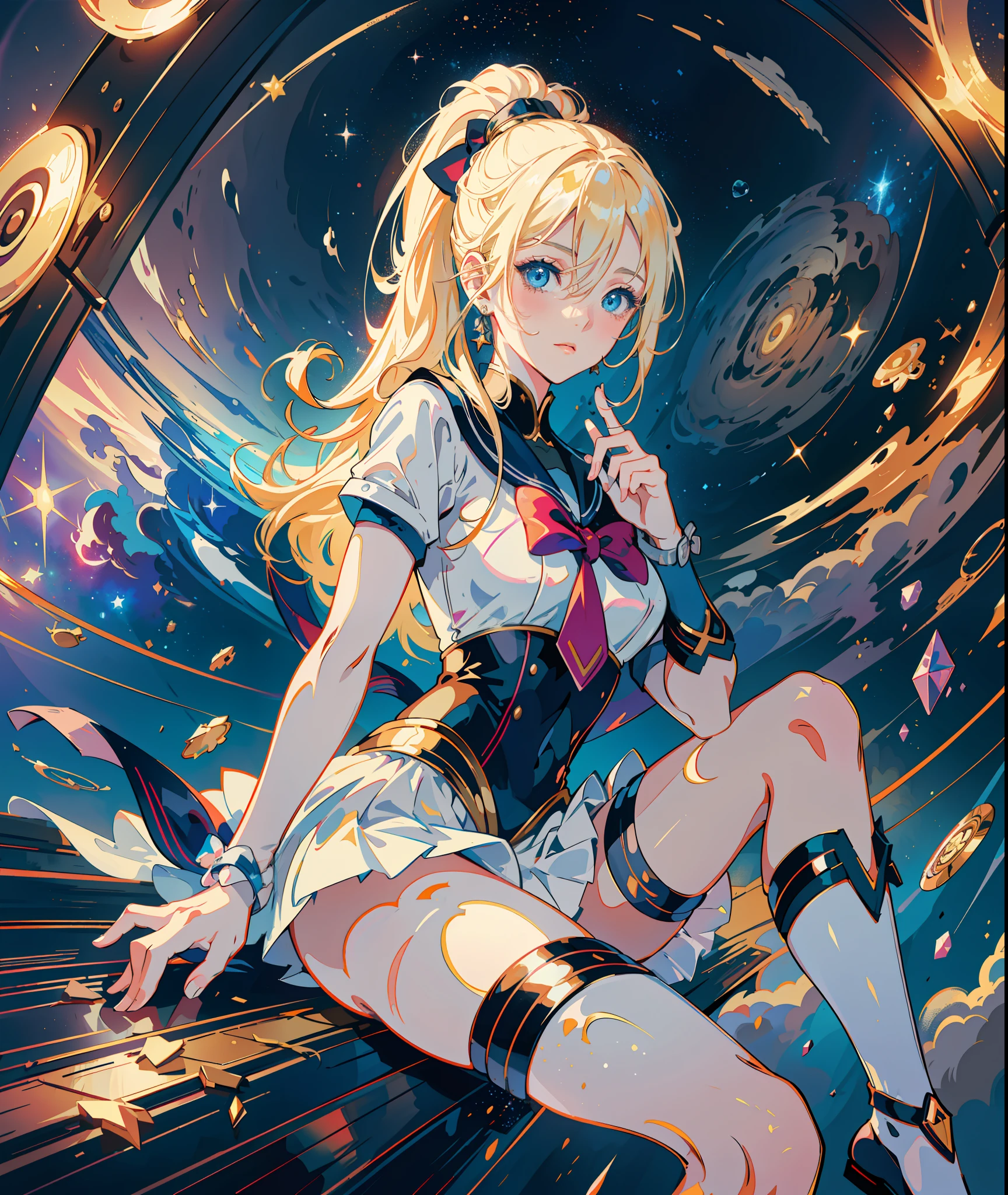 Ino yamanaka, anime, (masterpiece: 1.2, best quality), (beautiful finely detailed eyes: 1.2), (extremely detailed CG unit 8k wallpaper, masterpiece, best quality, ultra-detailed, best shadow), (detailed background), (beautiful detailed face, beautiful detailed eyes), High contrast, (best lighting, an extremely delicate and beautiful),1girl,((splashes of colored paint on background in space, dulux,)), dynamic angle, beautiful detailed brightness, full body, blonde hair, ponytail, blue eyes, star guardian, magical girl, sailor moon, full body, magic, stars,