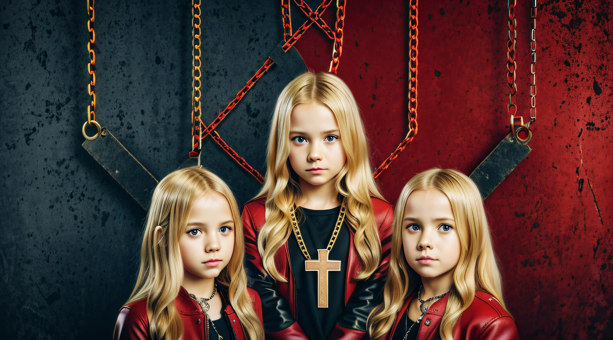 A half body, portrait of 3 girls German children long blonde hair of 12 years, red leather jackets, holding in their hands a cross, background of chains, chain, more chains, many chains, , red, red fire, many background flames.
