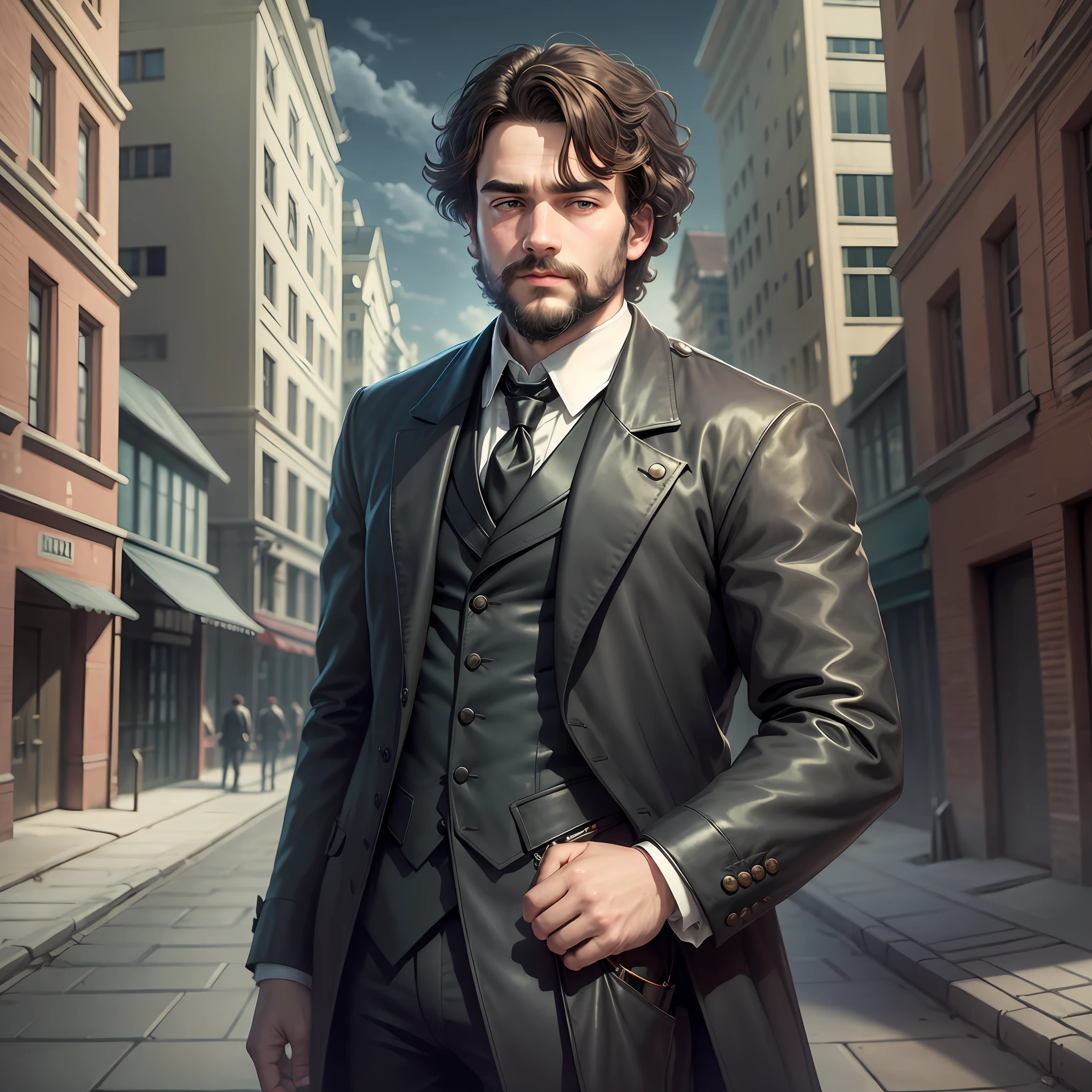 Realistic man as if he were the young karl marx with dark background inside a sustainable city --auto --s2
