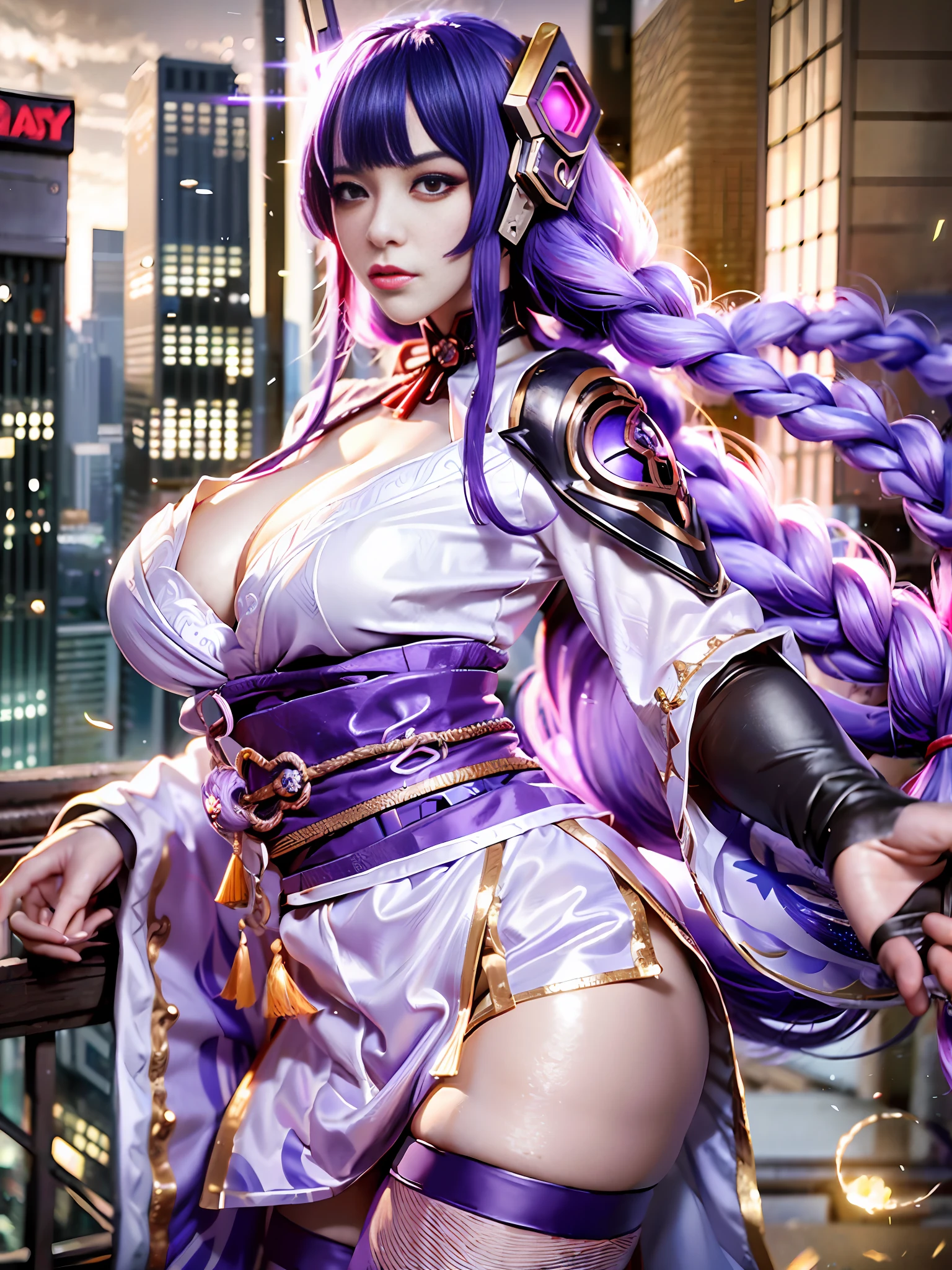 Unreal Engine 5 Realistic Render, RaidenShogun, detailed clothes, white clothes, blunt bangs, braid, (breasts:1.1), cleavage, wide-sleeved kimono, hair ornament, white japanese clothes, (red obi:1.4), (purple hair:1.4), very long hair, straight hair, detailed face, cool face, (smooth chin:0.85), closed mouth, long eyelashes, sharp eyes, looking at viewer, beautiful eyes, detailed eyes, thick eyebrows, red eyeshadow, symmetry eyes, (ulzzang-6500:0.7), skirt, (from below:1.1), (cyberpunk city:1.4), from side, (rooftop:1.5), (star \(sky\):1.3), photon mapping, physically-based rendering, RAW photo, highly detailed background, high res, perspective, beautiful face, top body is hyper realistic thicc muscle and hyper largest_breasts!! with the type of boobs_melons, lower is huge buttocks, wet shiny body