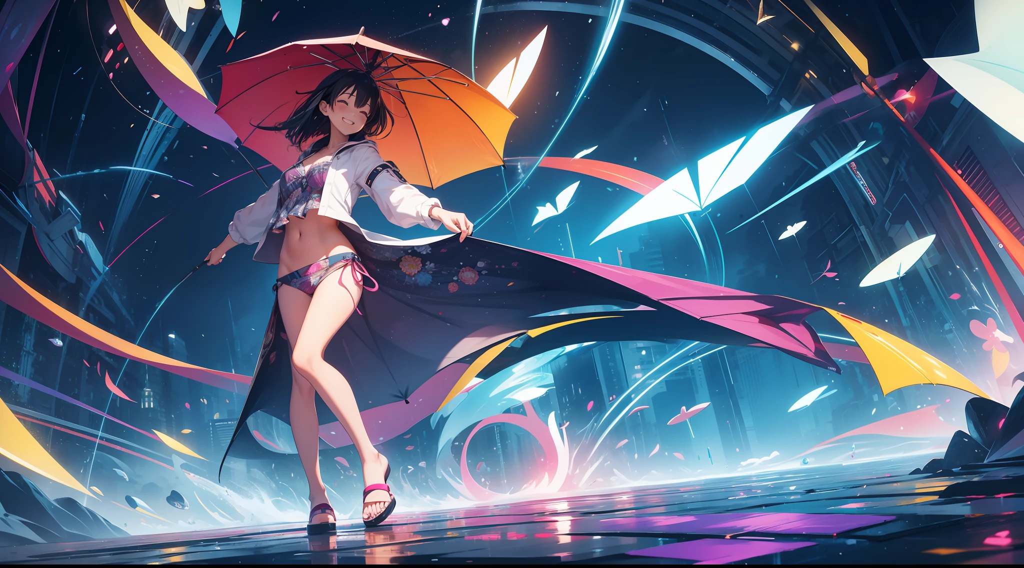 abstract image that conveys the feeling of happiness, inspiration, knowledge, satisfaction, young woman, whole body, flip0flop, umbrellas