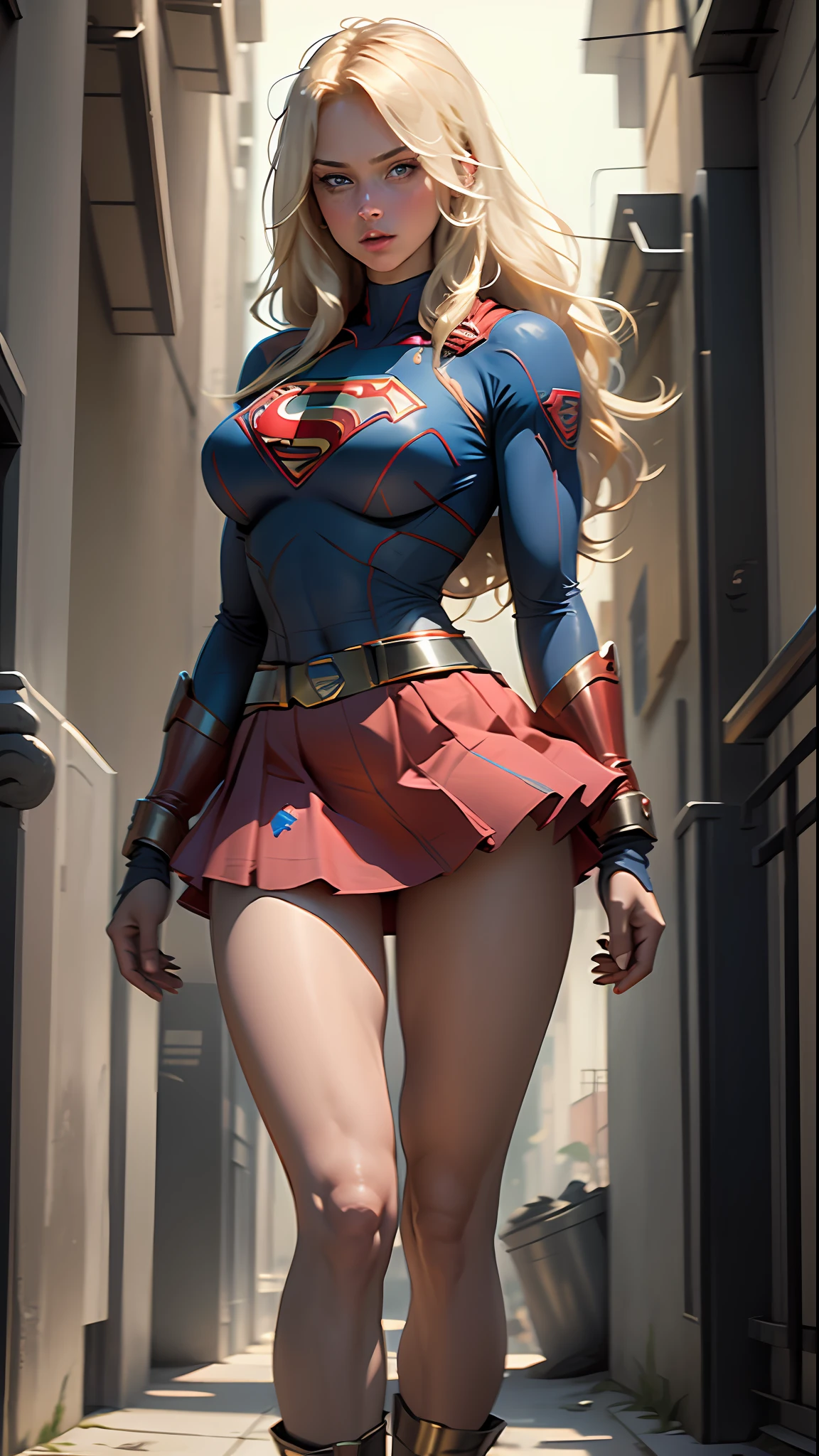 (Best quality, masterpiece, absurd)),1girl:1.3, solo:1.3,Beautiful woman,blue expressive eyes, beautiful woman,long blonde hair, 21 years, solo, 1girl,hourglass body,huge breasts, defined body, wearing superman cosplay((Supergirl cosplay bodysuit, skirt (waist up to half of thigh)supergirl, supergir short red cape)), bright colors