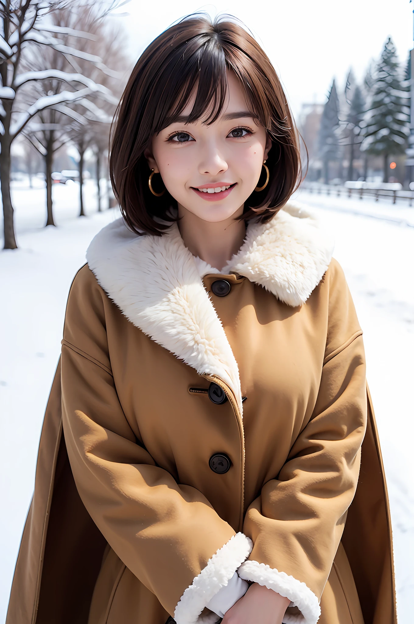 1 girl, bare_tree, brown_eyes, brown_hair, building, coat, cross_earrings, earrings, fur, fur trimmed_coat, fur_collar, fur_scarf, fur_trim, jewelry, lips, shorthair, looking_at_viewer, outdoors, snow, snow, solo, tree, upper_body, Winter, winter_clothes, detailed_eyes, Big breasts, arms close together, Chest to camera, Big, Ears out, Golden ratio face, Golden ratio body, Best quality, Ultra high definition, Bangs, Thick bangs, Highlights in eyes, Mouth closed, Happy smile Short bob hair, Short hair, Short and beautiful hair