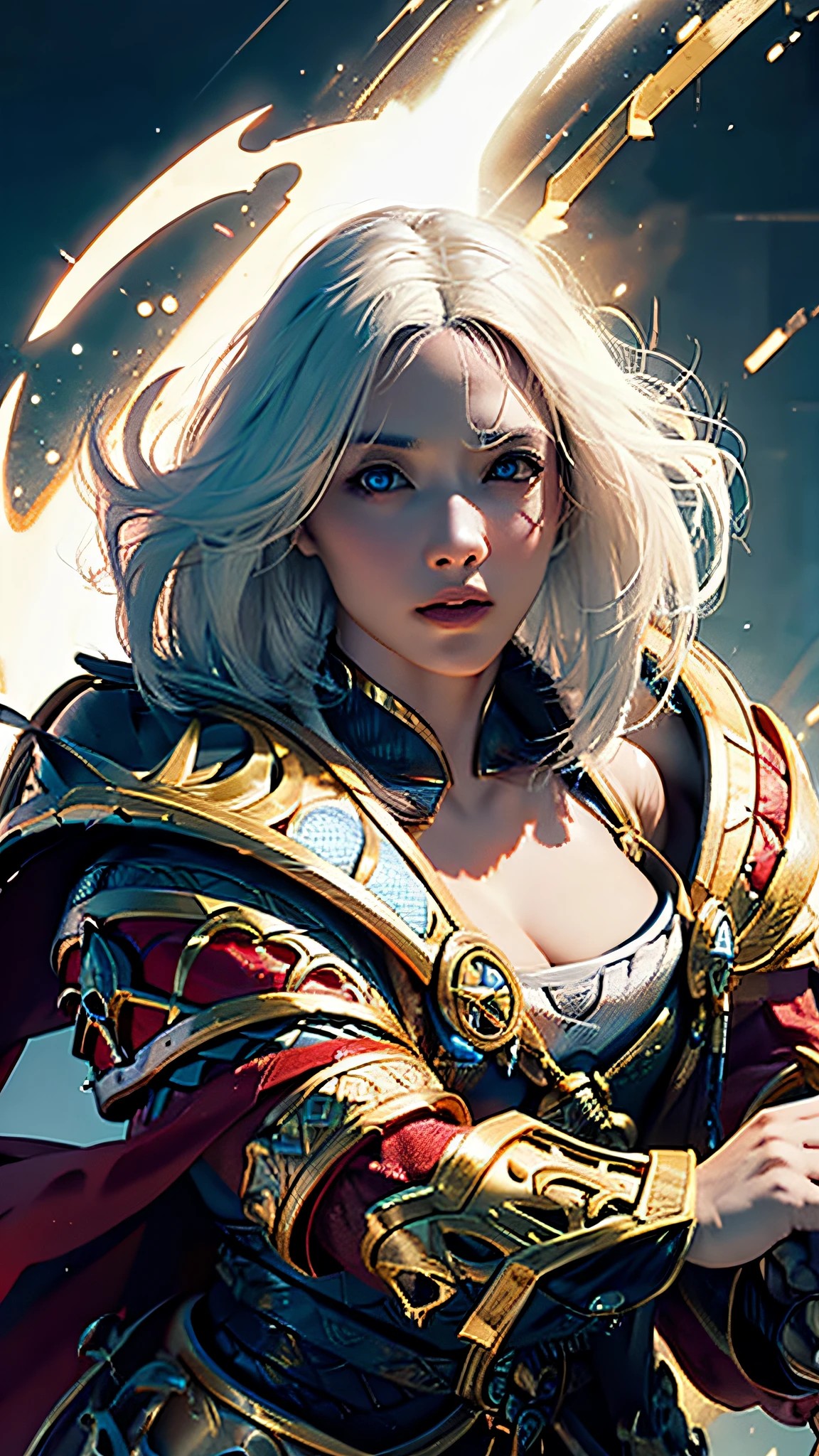 Official Art, Unity 8k Wallpaper, Ultra Detail, Masterpiece, Best Quality, One Woman, (Very Detail), Dynamic Angle, Mystical Expression, Fire Glowing Effect, Fantasy Background, Rim Lighting, Side Light, Cinematic Light, Ultra High Definition, 8k UHD, Film Grain,Best Shadow, Delicate, RAW, Light Particles, Detailed Skin Texture, Detailed Gem Armor Texture, Detailed Face, Complex detail, ultra detailed, bright, strong, luxurious gold armor, cleavage, has glowing weapons, has a shield, pole dron, (((white hair)), shining black eyes, long red cloak, fantasy, (realistic),