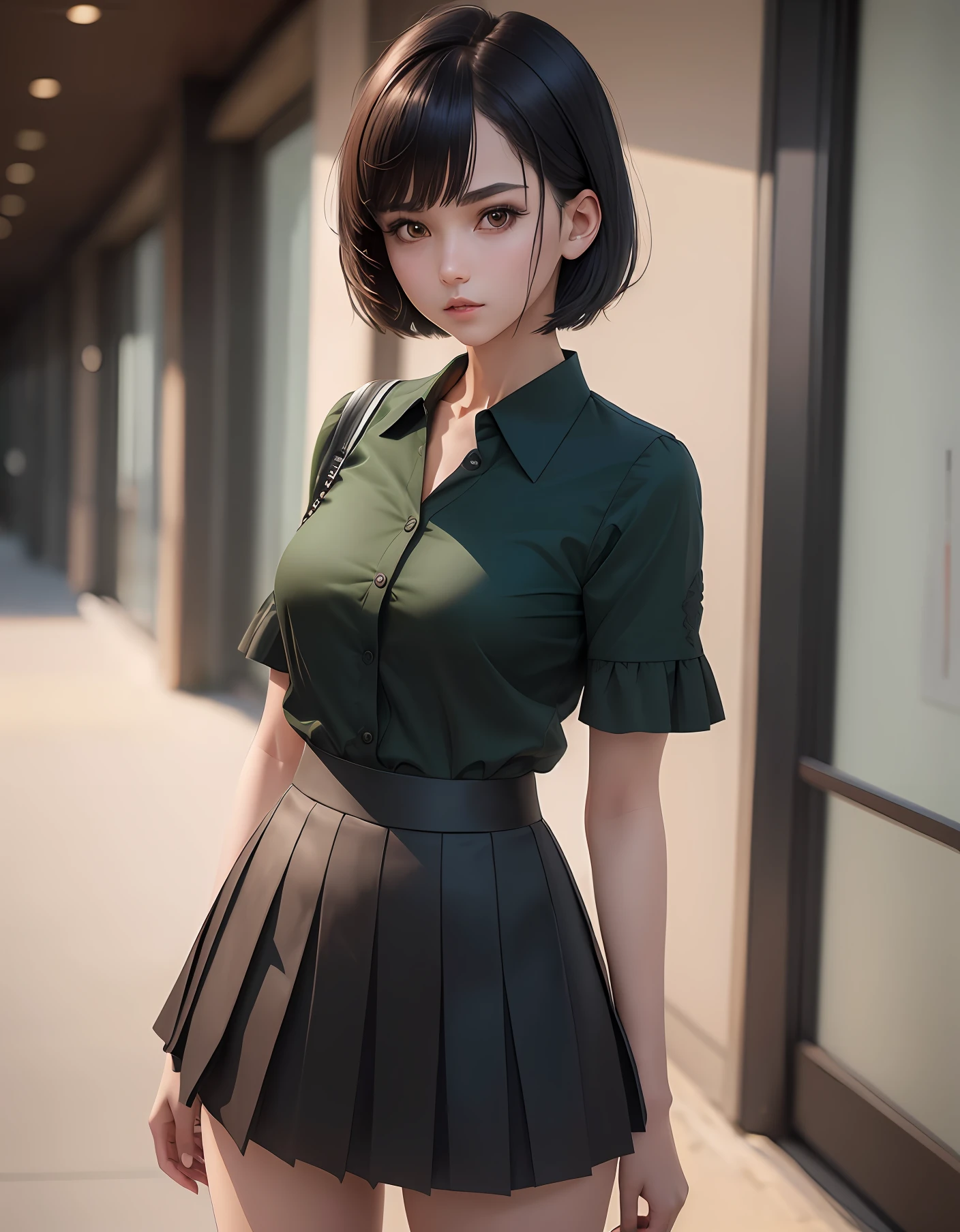 seifuku cosplay,seifuku cosplayer,dark green blouse, black pleated skirt, short hair,arm behind,front body, front face, slender body,standing ,(8k, RAW photo, best quality, masterpiece:1.2), (realistic, photo-realistic:1.37), ultra-detailed,(detailed beautiful girl:1.4),1 girl, full body shot,