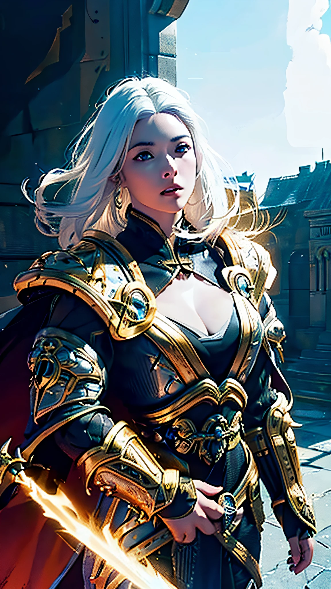 Official Art, Unity 8k Wallpaper, Ultra Detail, Masterpiece, Best Quality, One Woman, (Very Detail), Dynamic Angle, Mystical Expression, Fire Glowing Effect, Fantasy Background, Rim Lighting, Side Light, Cinematic Light, Ultra High Definition, 8k UHD, Film Grain,Best Shadow, Delicate, RAW, Light Particles, Detailed Skin Texture, Detailed Gem Armor Texture, Detailed Face, Complex detail, ultra detailed, bright, strong, luxurious gold armor, cleavage, has glowing weapons, has a shield, pole dron, (((white hair)), shining black eyes, long red cloak, fantasy, (realistic),