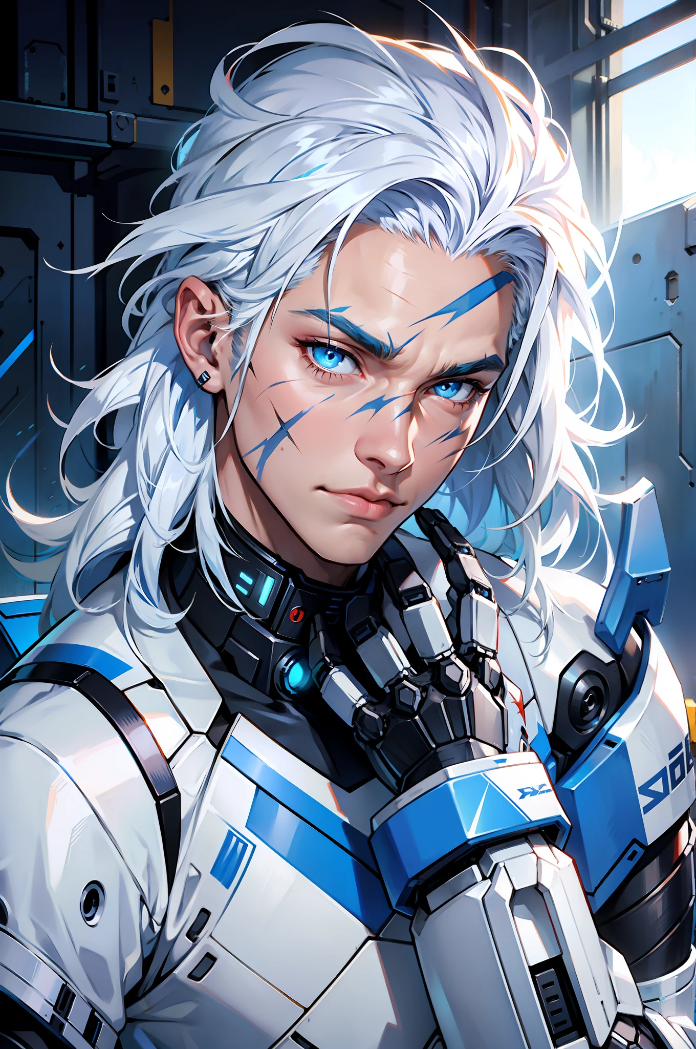 A boy, ciborg, with white and blue clothes, messy long white hair and blue eyes, robotic arm, scar on cheek