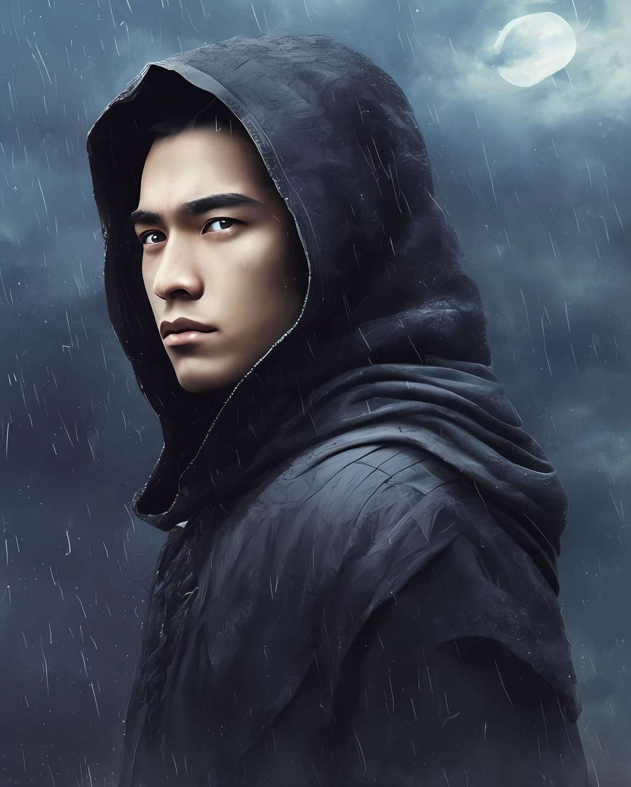 Powerful face, red eyes, black hair, black skin tone, square chin, one side of the face is darkened, wearing hood, full and well-defined body, clouds in the sky, blue moon behind man, rainy and black weather, melancholy scenery