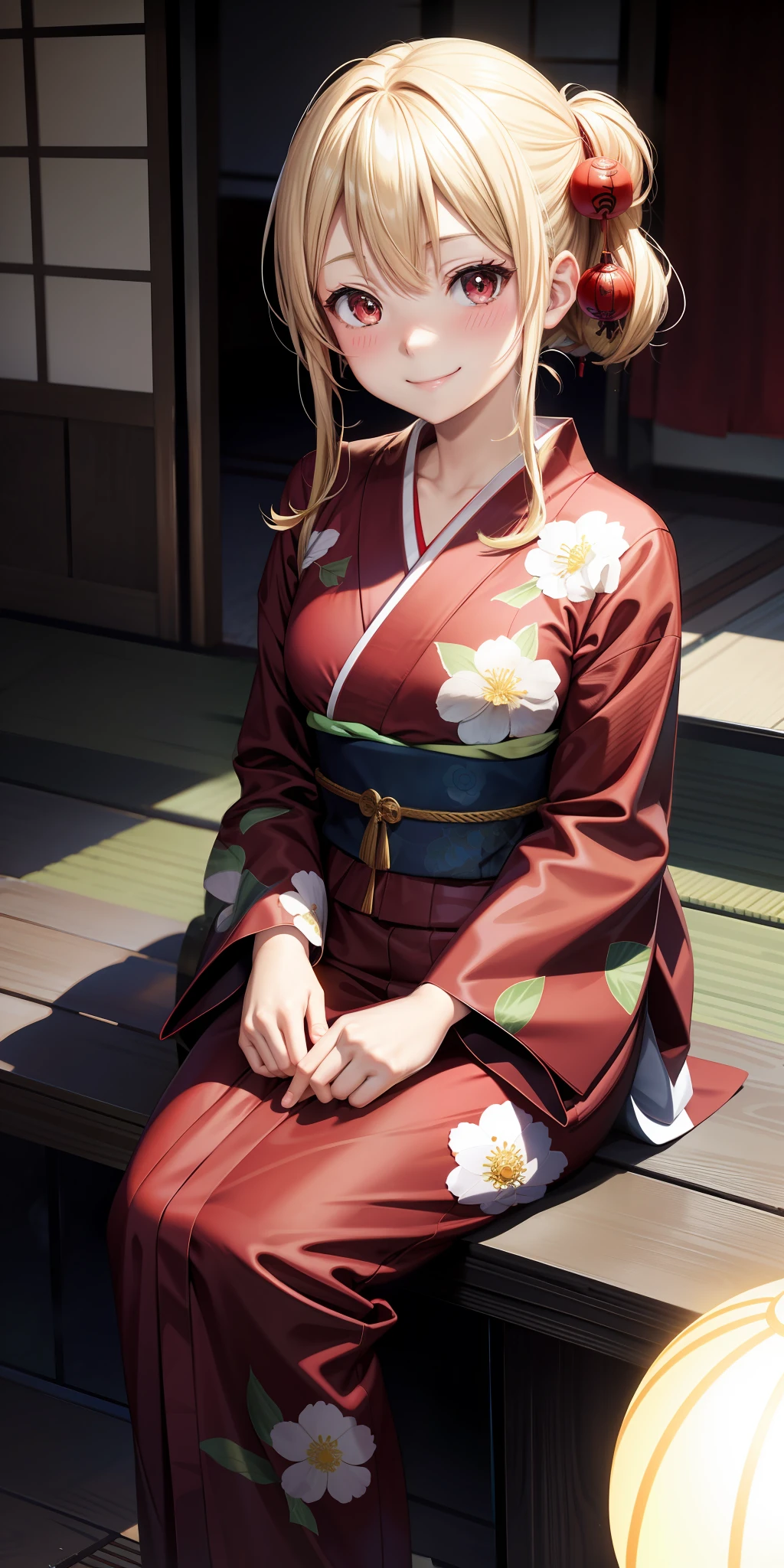 anime, girl single, blonde, red eyes, yukata, sitting, kamime, blush, smile, japanese room
