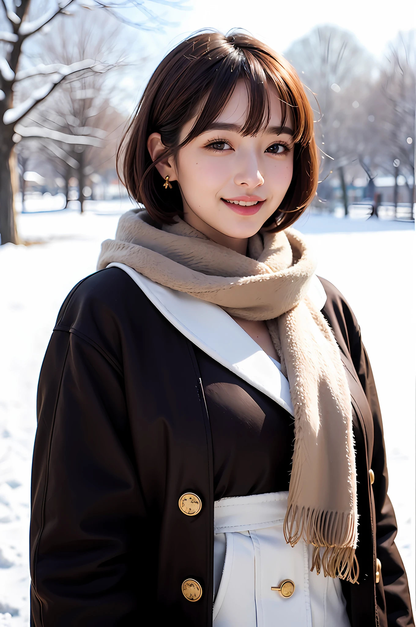 1 girl, bare_tree, brown_eyes, brown_hair, building, coat, cross_earrings, earrings, fur, fur trimmed_coat, fur_collar, fur_scarf, fur_trim, jewelry, lips, shorthair, looking_at_viewer, outdoors, snow, snow, solo, tree, upper_body, Winter, winter_clothes, detailed_eyes, Big breasts, arms close together, Chest to camera, Big, Ears out, Golden ratio face, Golden ratio body, Best quality, Ultra high definition, Bangs, Thick bangs, Highlights in eyes, Mouth closed, Happy smile Short bob hair, Short hair, Short and beautiful hair