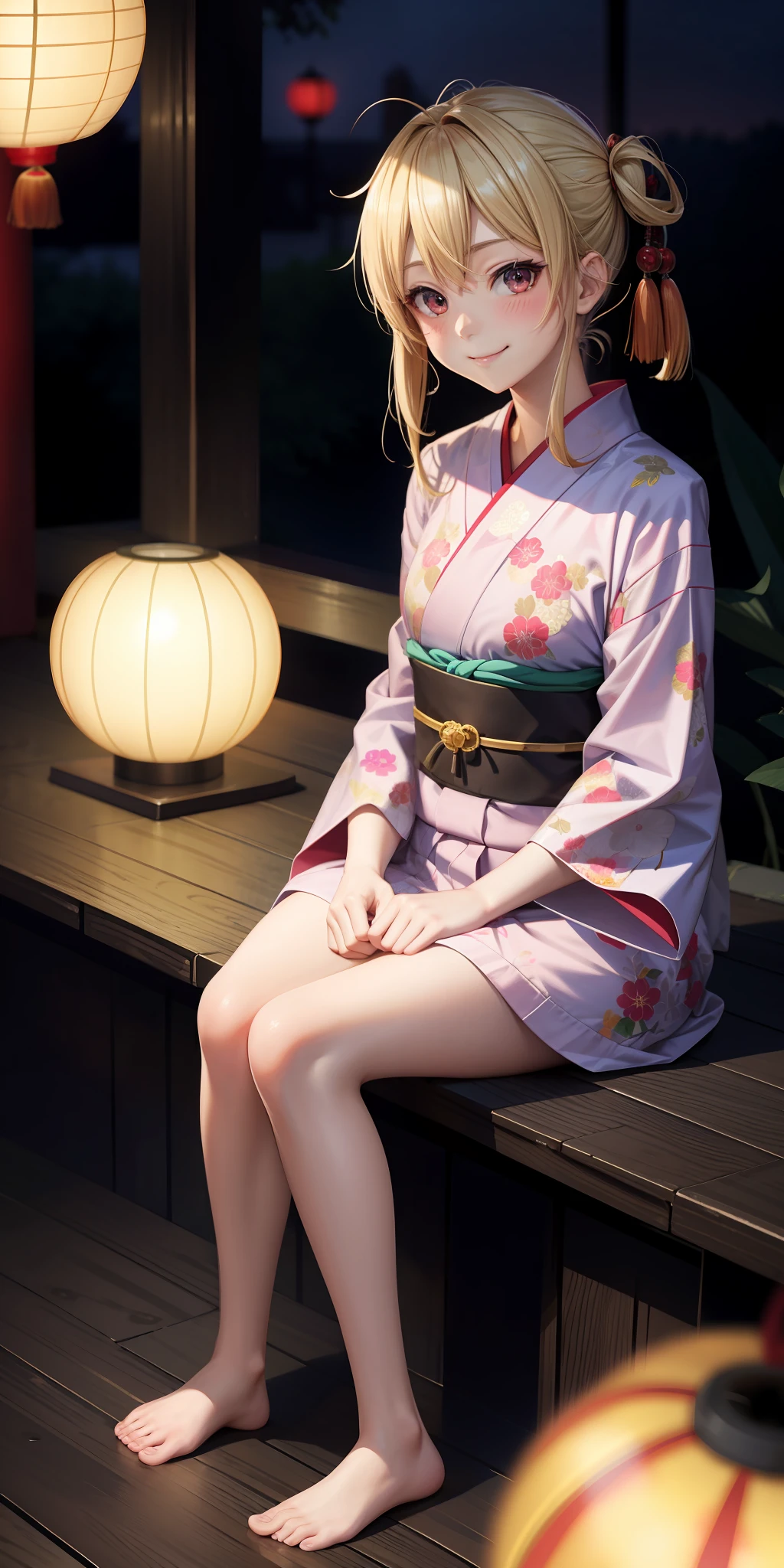 anime, girl single, blonde, red eyes, yukata, sitting, kamime, blush, smile, japanese room