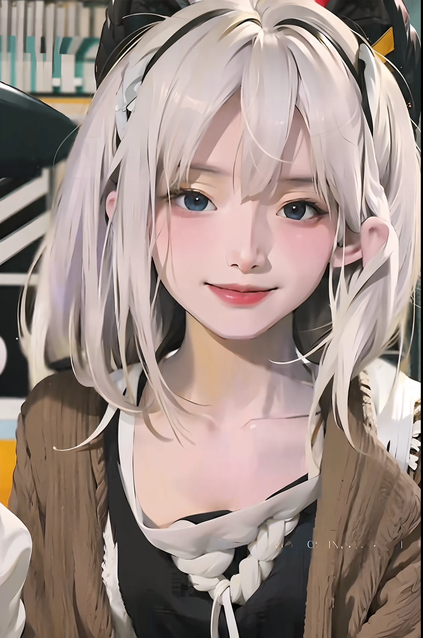 (Straight bangs with white hair: 1.3), (Slim women: 1.1), (25 years: 1.1), (smile: 1.05), (Perfect body: 1.2), (Perfect face: 1.2), (Small breasts: 0.9), (White cybernetics implants: 1.3), (Black background: 1), (Ulzzang-6500-v1.1: 1.05))