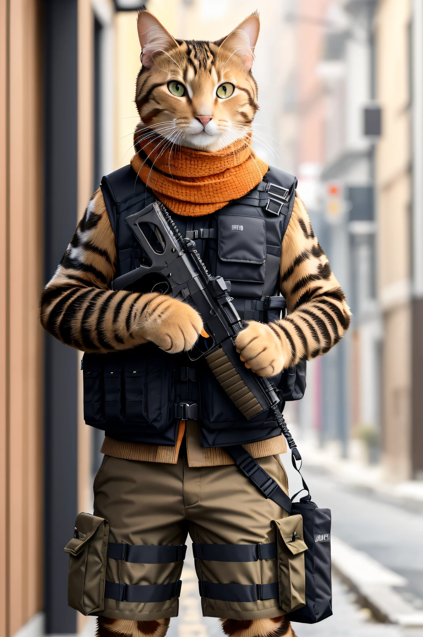 absurdres, (realistic:1.5), (masterpiece, Extremely detailed CG unity 8k wallpaper, best quality, highres:1.2), (ultra_detailed, UHD:1.2), perfect illumination, unreal engine, sidelighting, (dark background:1.4),
(cat:1.3), (tabby cat:1.2), (orange cat:1.2), (no humans:1.2), (furry:1.1), animal focus, animal, solo, standing, weapon, gun, rifle, assault rifle, gloves, holding, holding weapon, holding gun, military, whiskers, load bearing vest, pouch, holster, camouflage, bag, scarf, blurry background