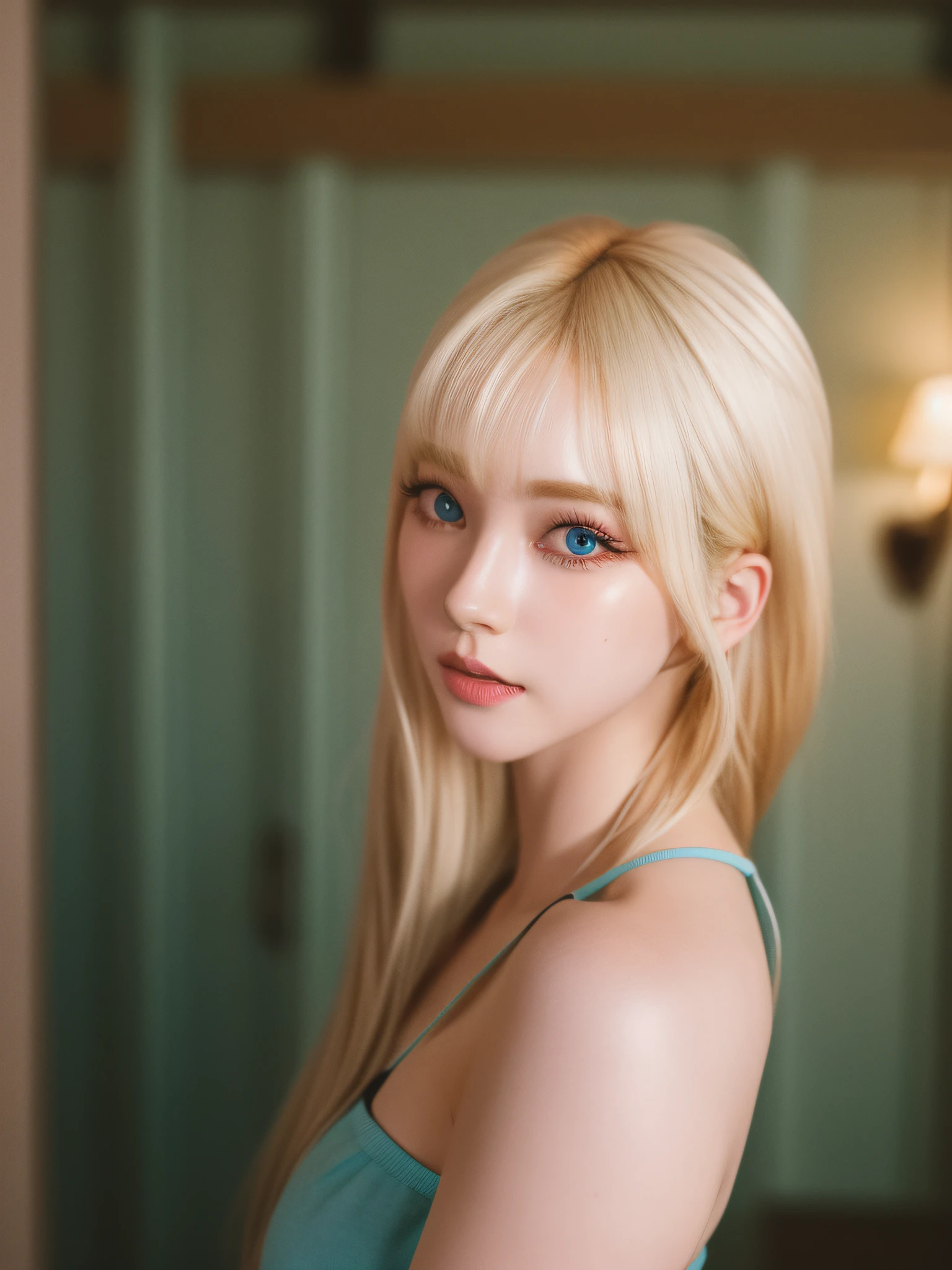 (8k, 4k, best quality, highres, ultra high res:1.1), (masterpiece, realistic, photo-realistic:1.1), 1girl, face, beautiful, blonde hair, bangs, black eyes, bare shoulder, long eyelashes, eyeshadow, small face