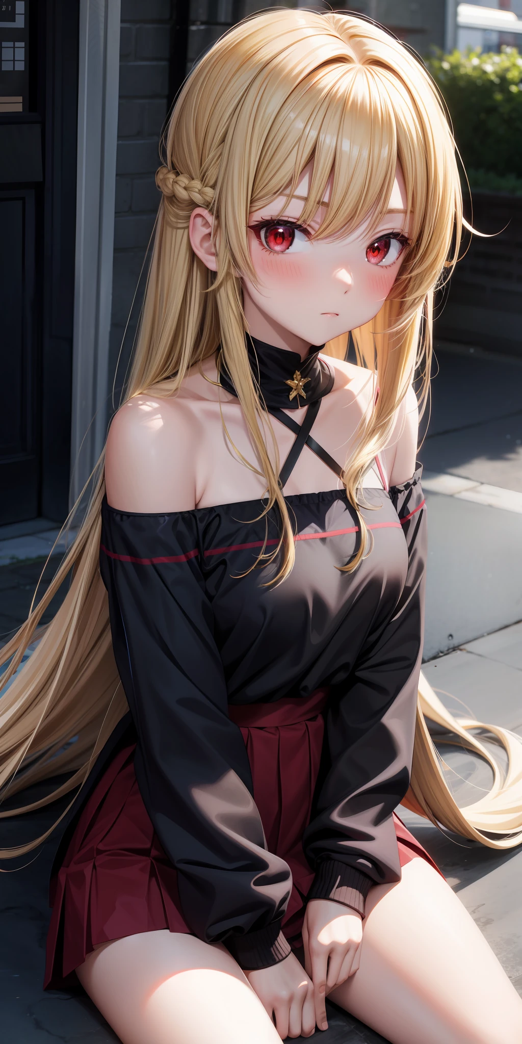 anime, girl single, blonde, long hair, red eyes, off-shoulder, sitting, up-looking, blush,