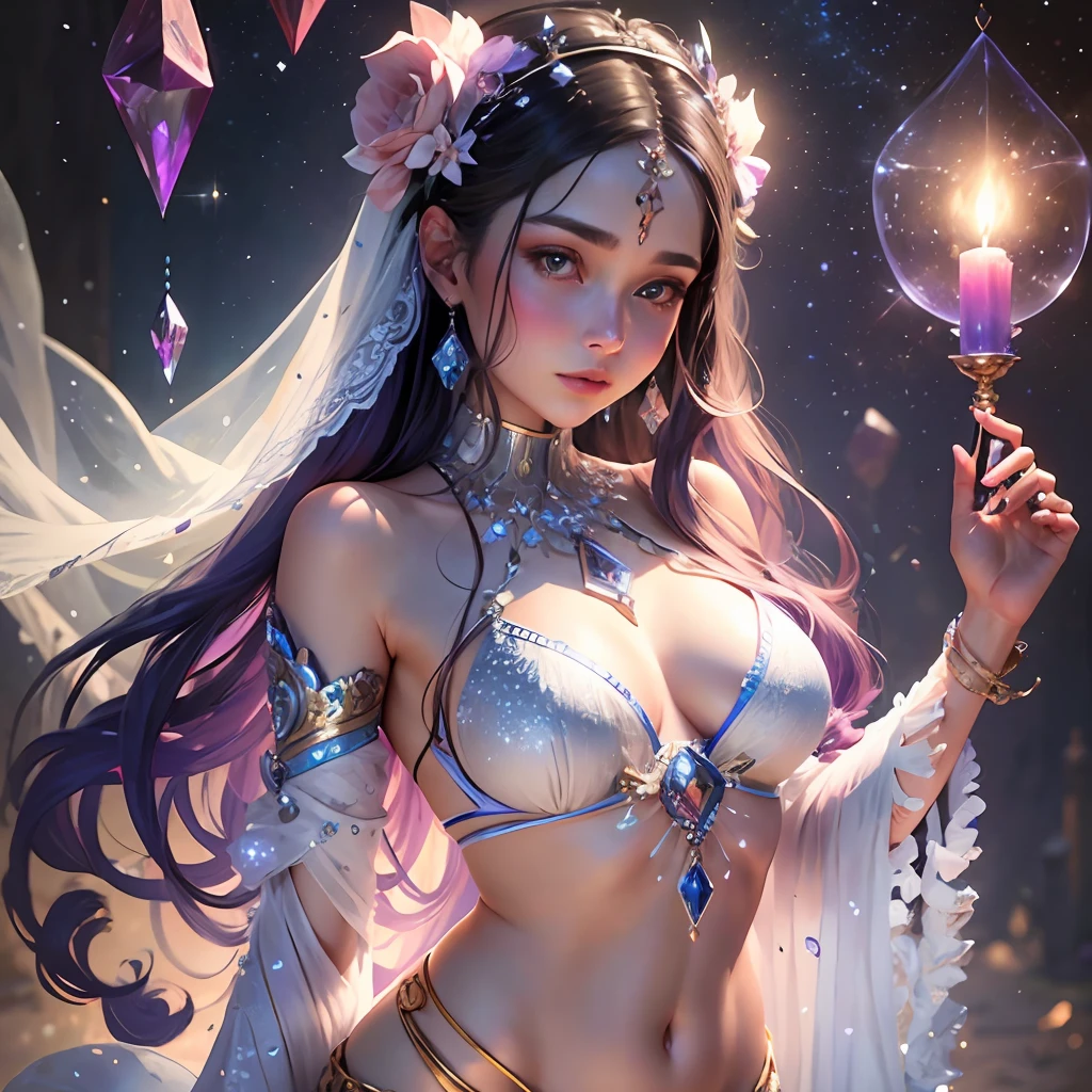 background: galaxy style deep dark blue.
theme: an elegant woman in a sweet and haughty pose, long hair, her eyes convey mystery and are bright like sparkles, her cheek is naturally ruddy like a summer blush, her lips are plump and glossy, she interacts with a crystal , thin waist, full body in the picture
color palette: mystical with shades of pink, lilac and blue to create contrast with a dark background.
aesthetics: transparent crystals as accessories, rustic and ritualistic look with some delicate elements in clothes such as lace and bows,
overlay: add a glitter effect to the crystals, as if they are emanating a magical aura, add small details of sparkling lights to enhance the ethereal atmosphere.
keywords: aesthetics, pearlescent, crystals, mystic, new age, enchantment, ritualistic, rustic and white clothes, tribal elements, brightness, dreamcore, whitchcore, romantic vibes --auto --s2