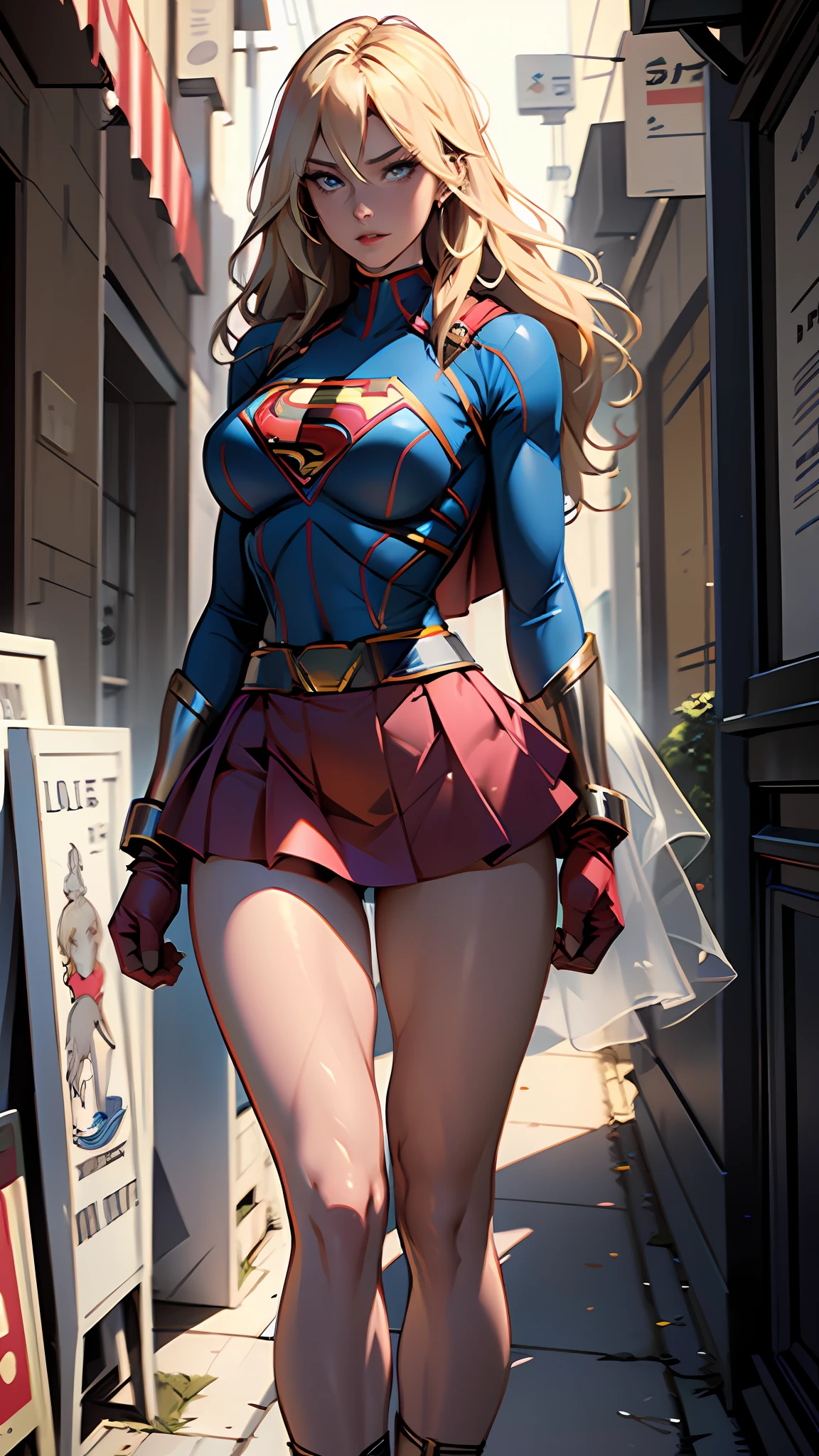 (Best quality, masterpiece, absurd)),1girl:1.3, solo:1.3,Beautiful woman,blue expressive eyes, beautiful woman,long blonde hair, 21 years, solo, 1girl,hourglass body,huge breasts, defined body, wearing superman cosplay((Supergirl cosplay bodysuit, skirt (waist up to half of thigh)supergirl, supergir short red cape)), bright colors