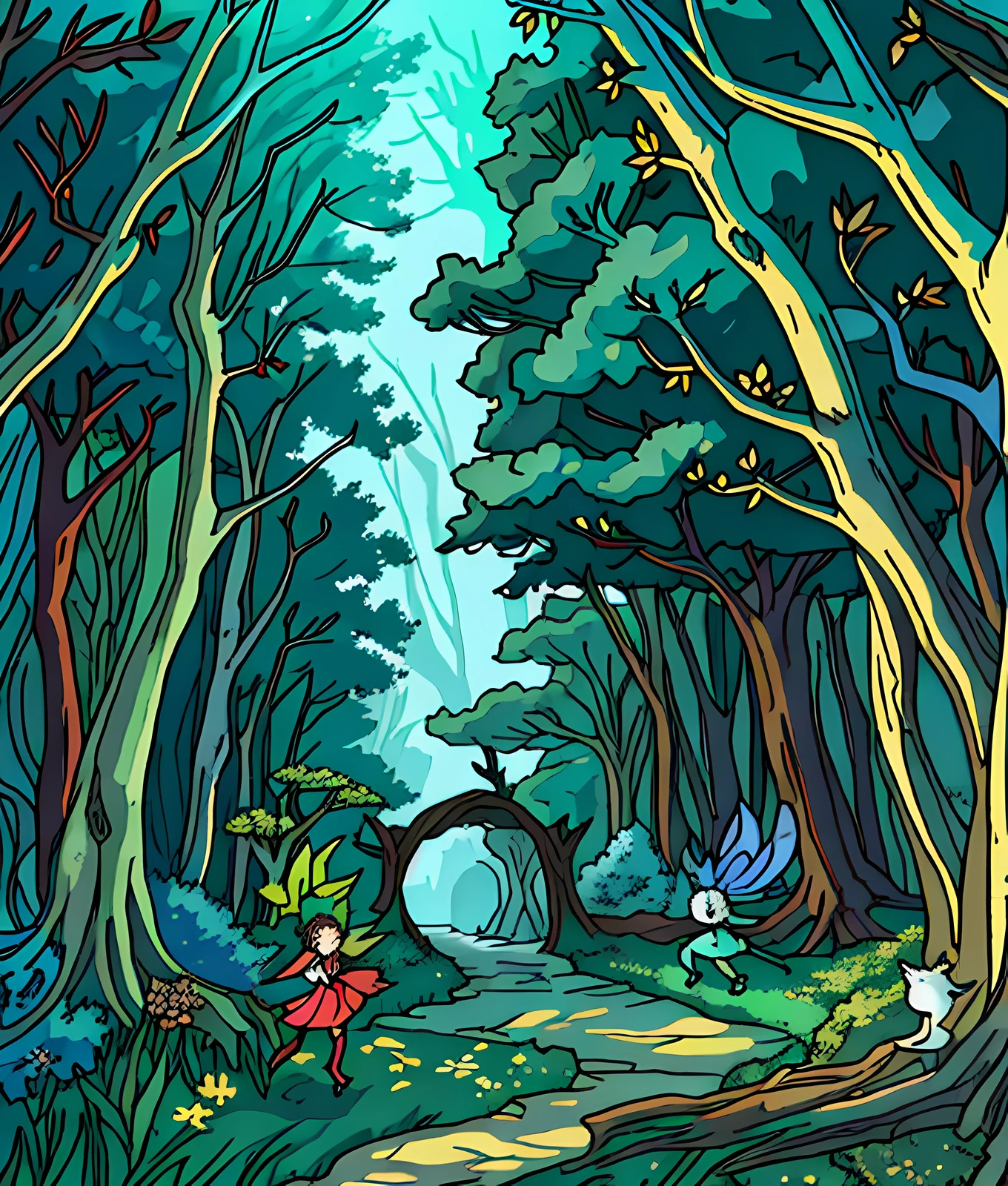 The entrance to a vast and enchanted forest (fanciful), full of trees and squirrels (perfect anatomy), with fairies flying (perfect anatomy)