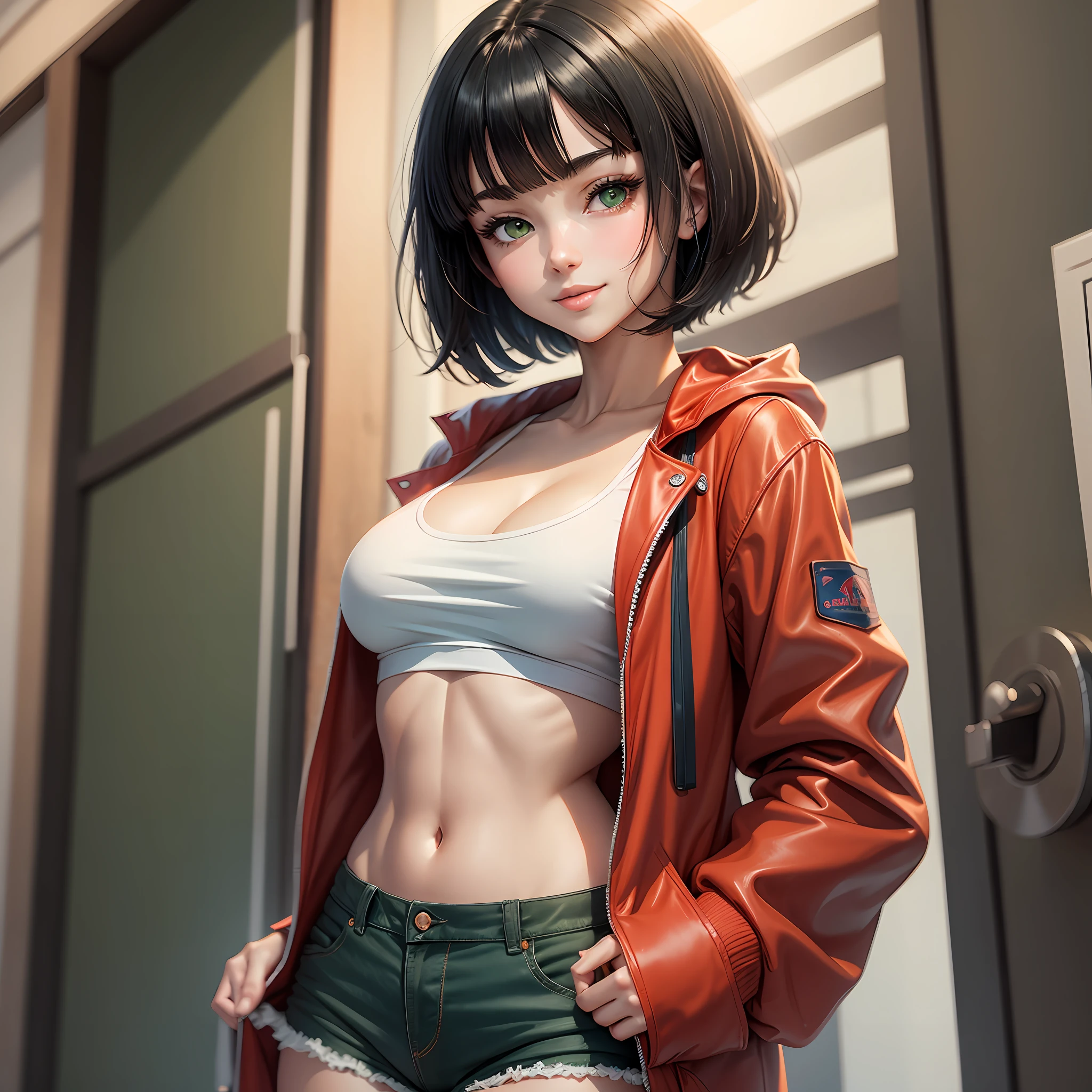 Anime style image of a beautiful woman with black hair, straight, short and with bangs.green eyes, fair skin, delicate appearance, smiling, big breasts, thin waist, small ass and wearing a red jacket and a sports blue shorts.full body --auto --s2