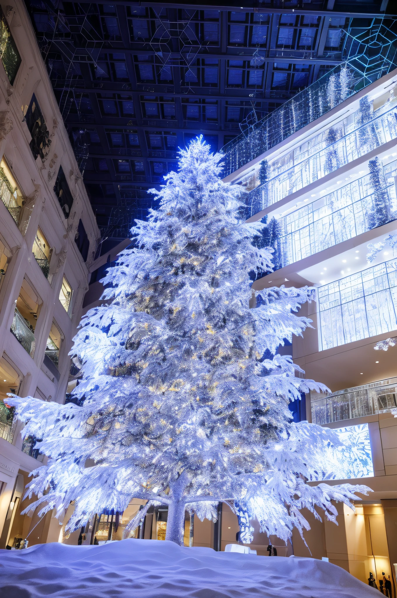 there is a large christmas tree in the middle of a building, an enormous silver tree, giant white tree, christmas tree, the photo shows a large, central tree, holiday season, huge central tree, with matsu pine trees, captured with sony a3 camera, a beautiful tree, 8k 50mm iso 10, masterpiece work of art