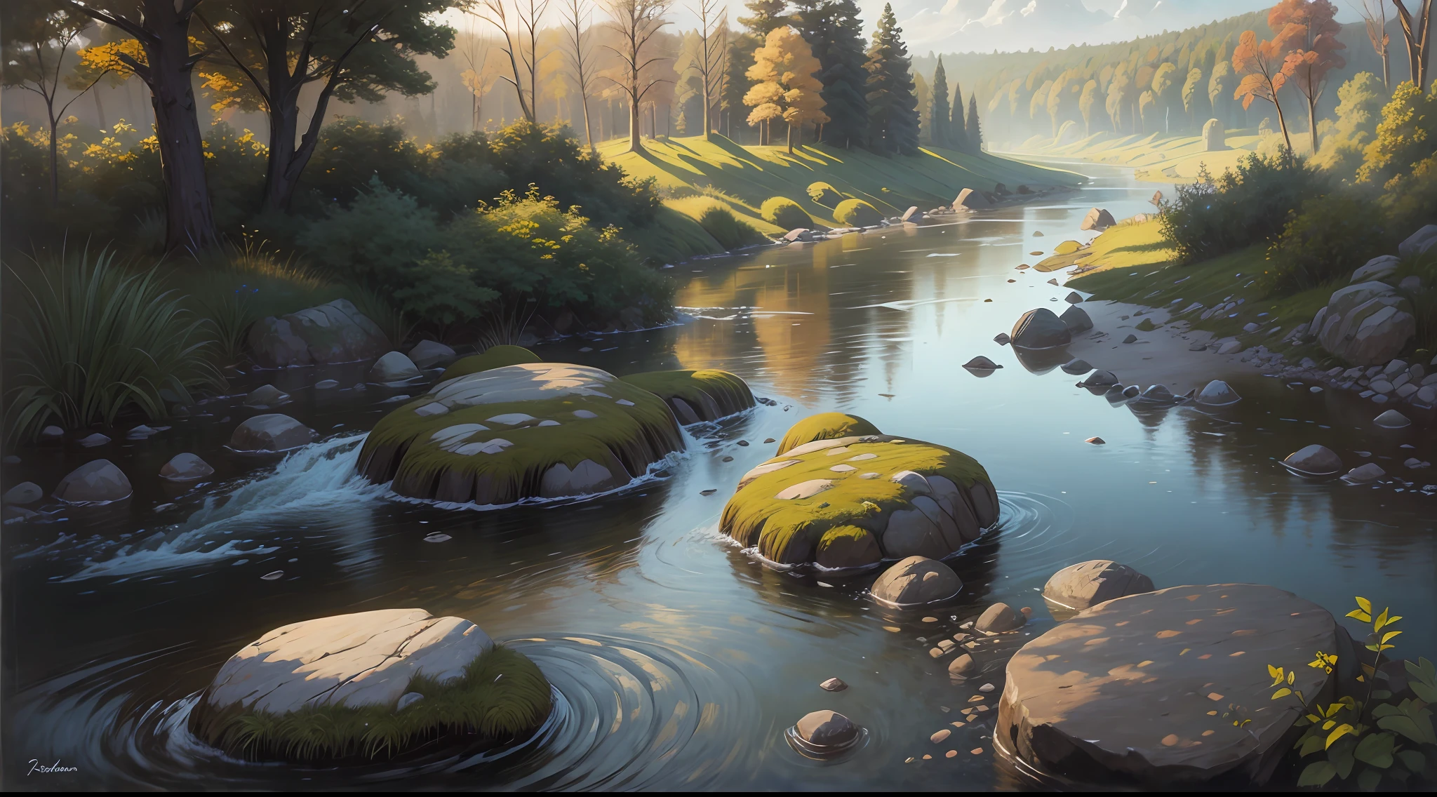 A river in the distance, half blurred stones, oil painting