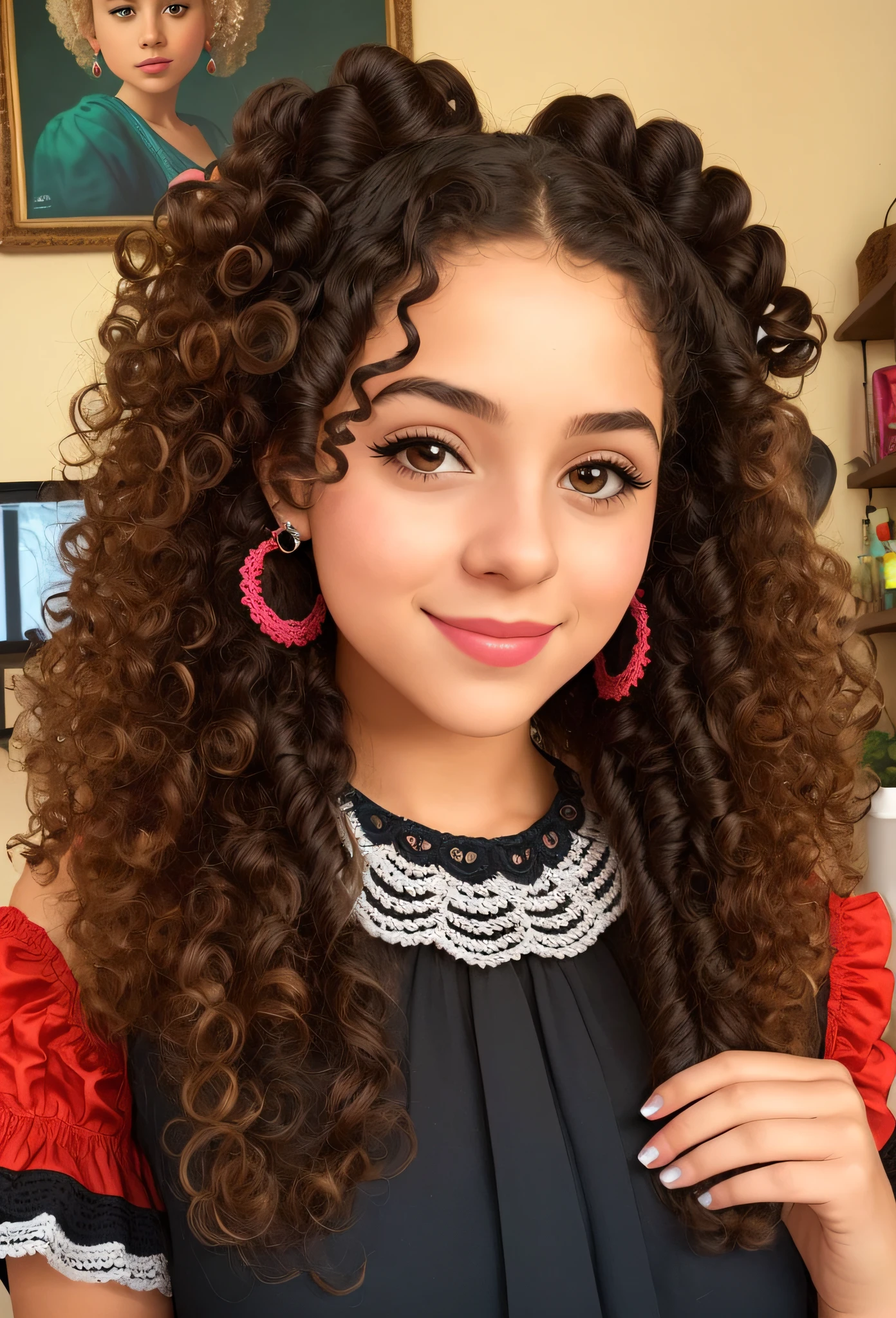 I want that beseado in the characteristic of this girl in the photo only with the modification for curly hair you create an image with pc in the background and a girl with crochet earring and crochet blouse and that has something related to black cat
