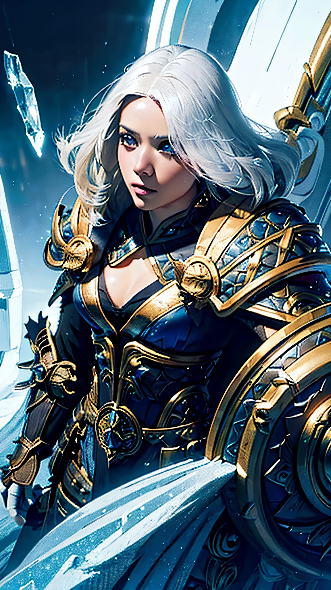 Official Art, Unity 8k Wallpaper, Ultra Detail, Masterpiece, Best Quality, One Woman, (Very Detail), Dynamic Angle, Mystical Expression, Ice Glowing Effect, Fantasy Background, Rim Lighting, Side Light, Cinematic Light, Ultra High Definition, 8k UHD, Film Grain,Best Shadow, Delicate, RAW, Light Particles, Detailed Skin Texture, Detailed Gem Armor Texture, Detailed Face, Complex detail, ultra detailed, bright, strong, luxurious gold armor, cleavage, has glowing weapons, has a shield, pole dron, (((white hair)), shining black eyes, long red cloak, fantasy, (realistic),