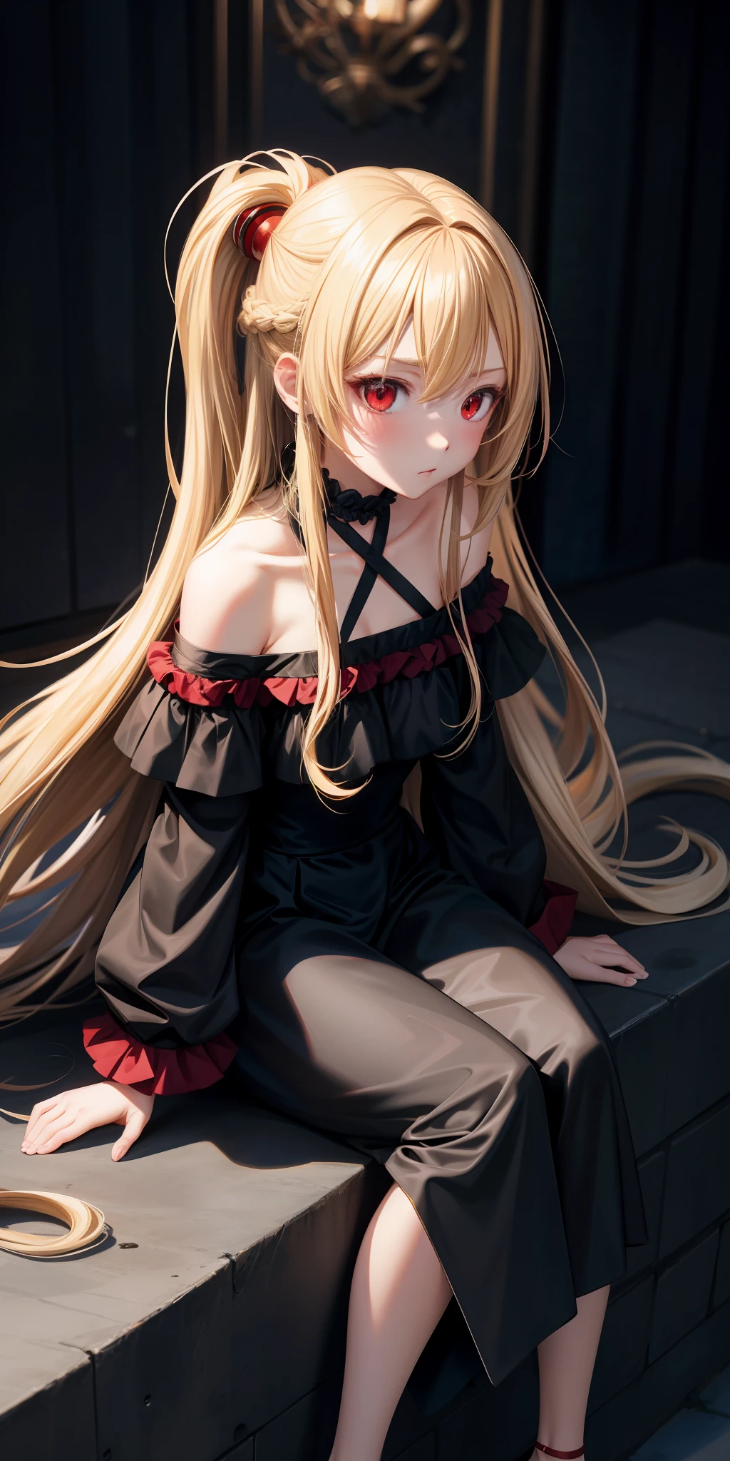 anime, girl single, blonde, long hair, red eyes, off-shoulder, black dress, sitting, upward-eyed, blush,
