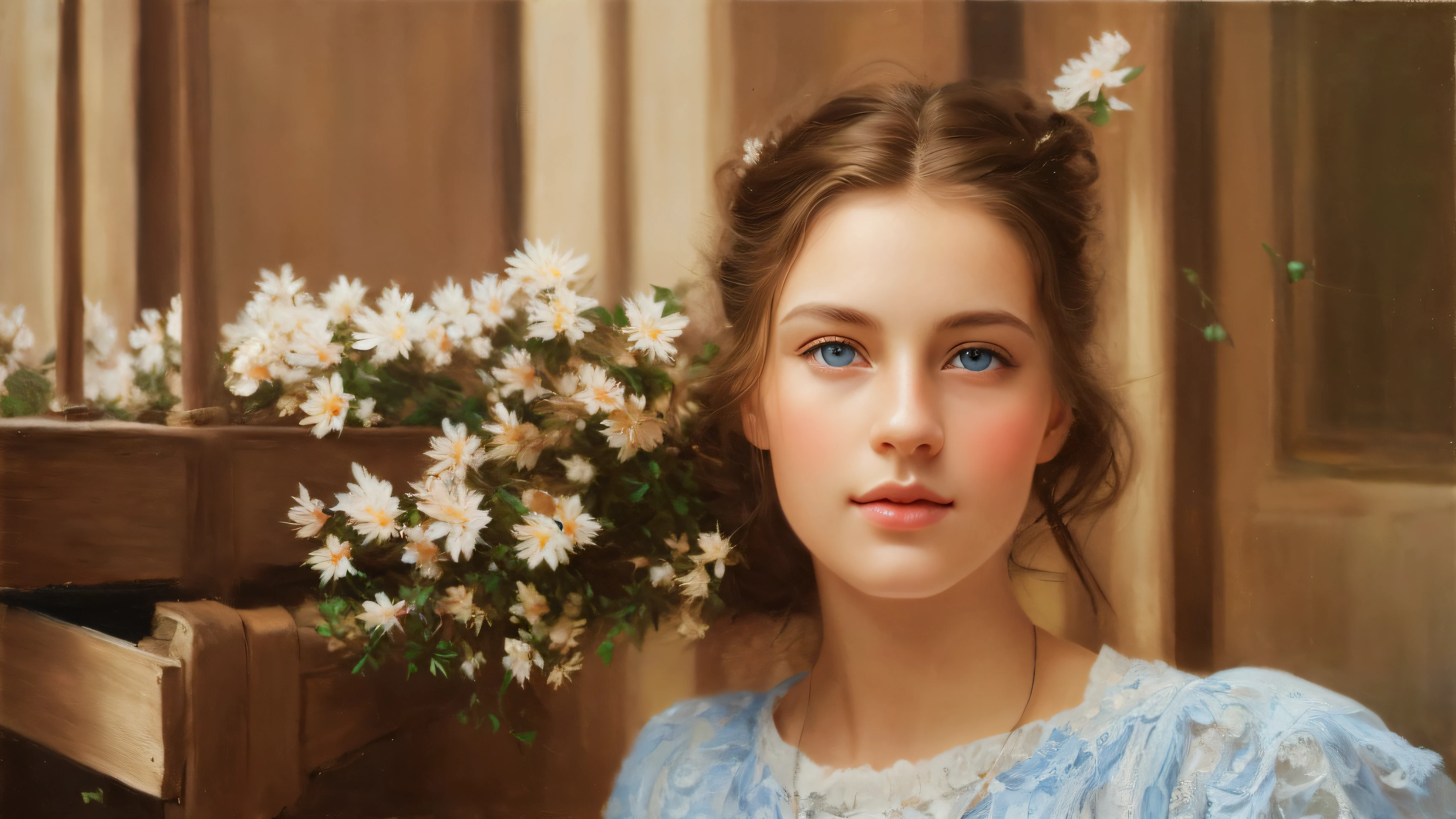best quality, masterpiece, (realistic:1.4), 1 girl, brown hair, blue eyes, Front, detailed face, beautiful eyes