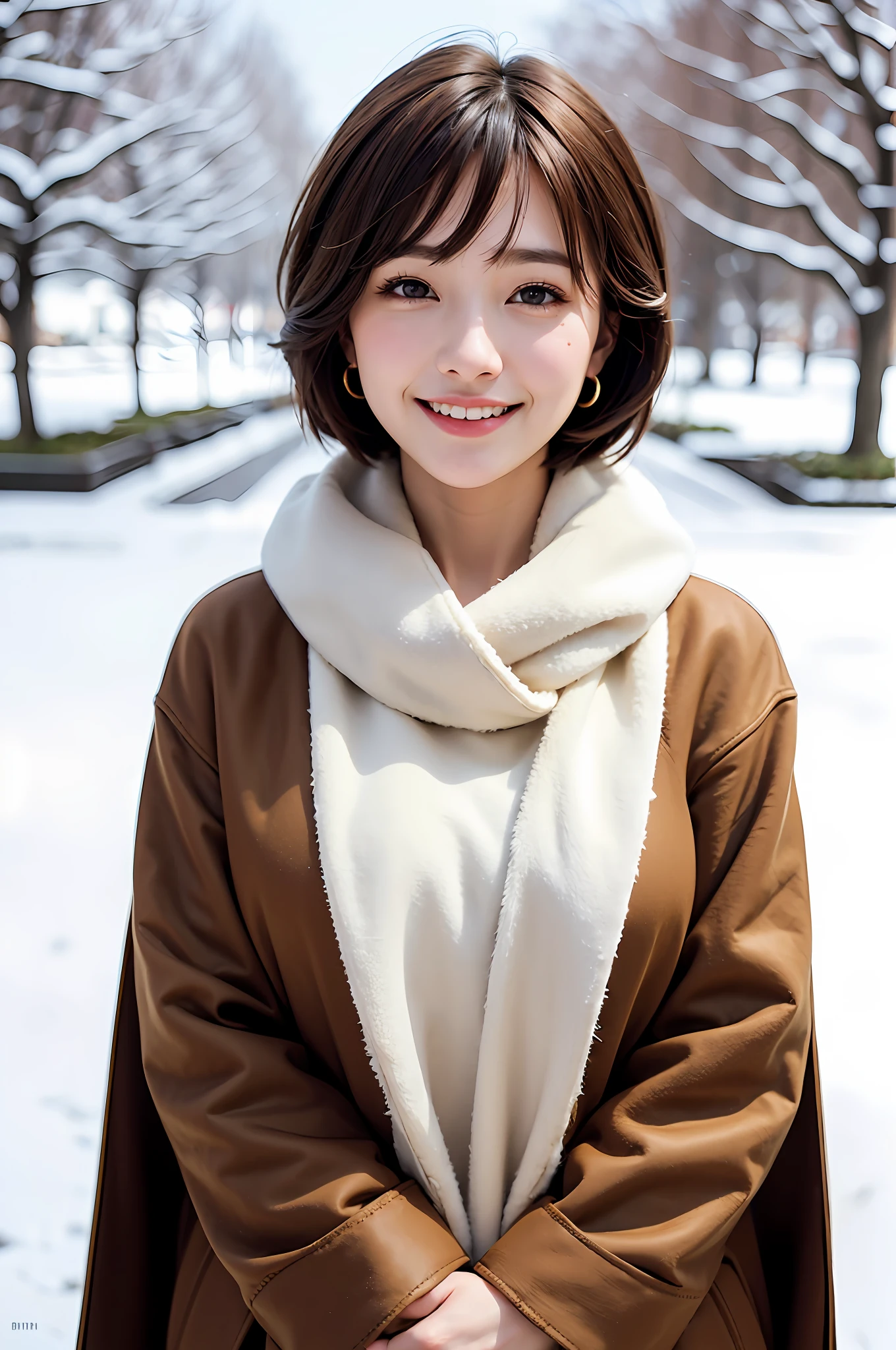 1 girl, bare_tree, brown_eyes, brown_hair, building, coat, cross_earrings, earrings, fur, fur trimmed_coat, fur_collar, fur_scarf, fur_trim, jewelry, lips, shorthair, looking_at_viewer, outdoors, snow, snow, solo, tree, upper_body, Winter, winter_clothes, detailed_eyes, Big breasts, arms close together, Chest to camera, Big, Ears out, Golden ratio face, Golden ratio body, Best quality, Ultra high definition, Bangs, Thick bangs, Highlights in eyes, Mouth closed, Happy smile Short bob hair, Short hair, Short and beautiful hair