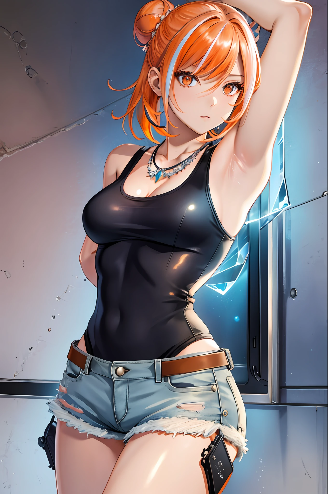 realistic, Beautiful detailed girl, clear and beautiful, Personage as the main perspective, shiny_skin, girl,woman,female, young,25 years old, (medium hair), bangs, hair bun, sidelocks, orange hair, (beautiful detailed Glass hair), pink streaked hair,beautiful detailed cold face, cold expression, complex details beautiful and delicate eyes, fingernails, medium_breasts, , orange eyes, Authentic skin texture, (piercing), necklace, tank_top, short_shorts, knee_boots, bloom,(line art:1.2),realistic illustration,unreal engine,(GoPro),insanely detailed,perfect shading